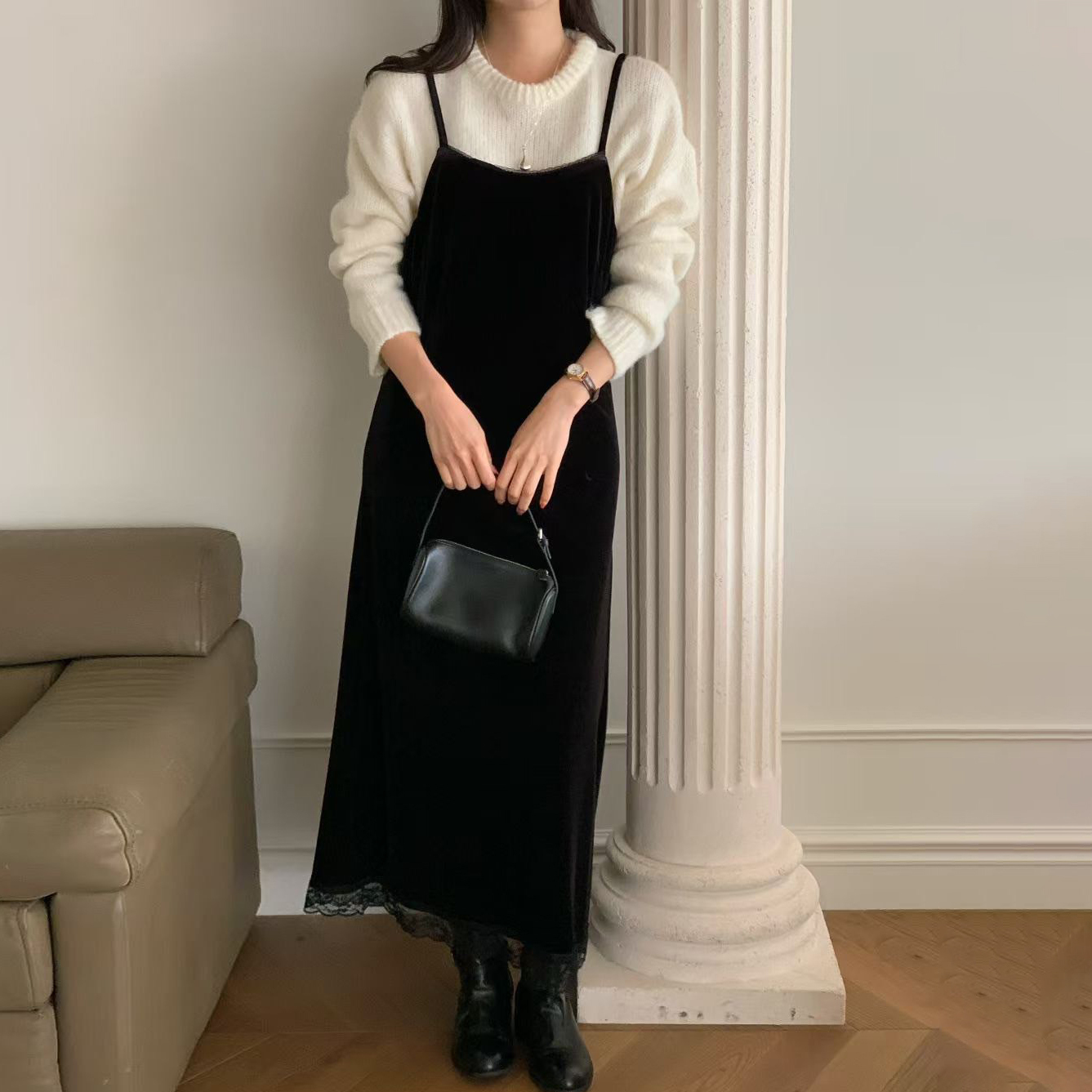 經典黑絲絨質感蕾絲滾邊細肩帶長洋裝