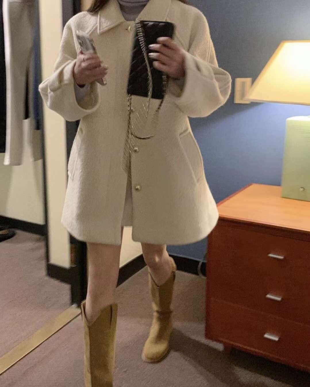 可愛女子金色排釦翻領中長版大衣外套 / 3色