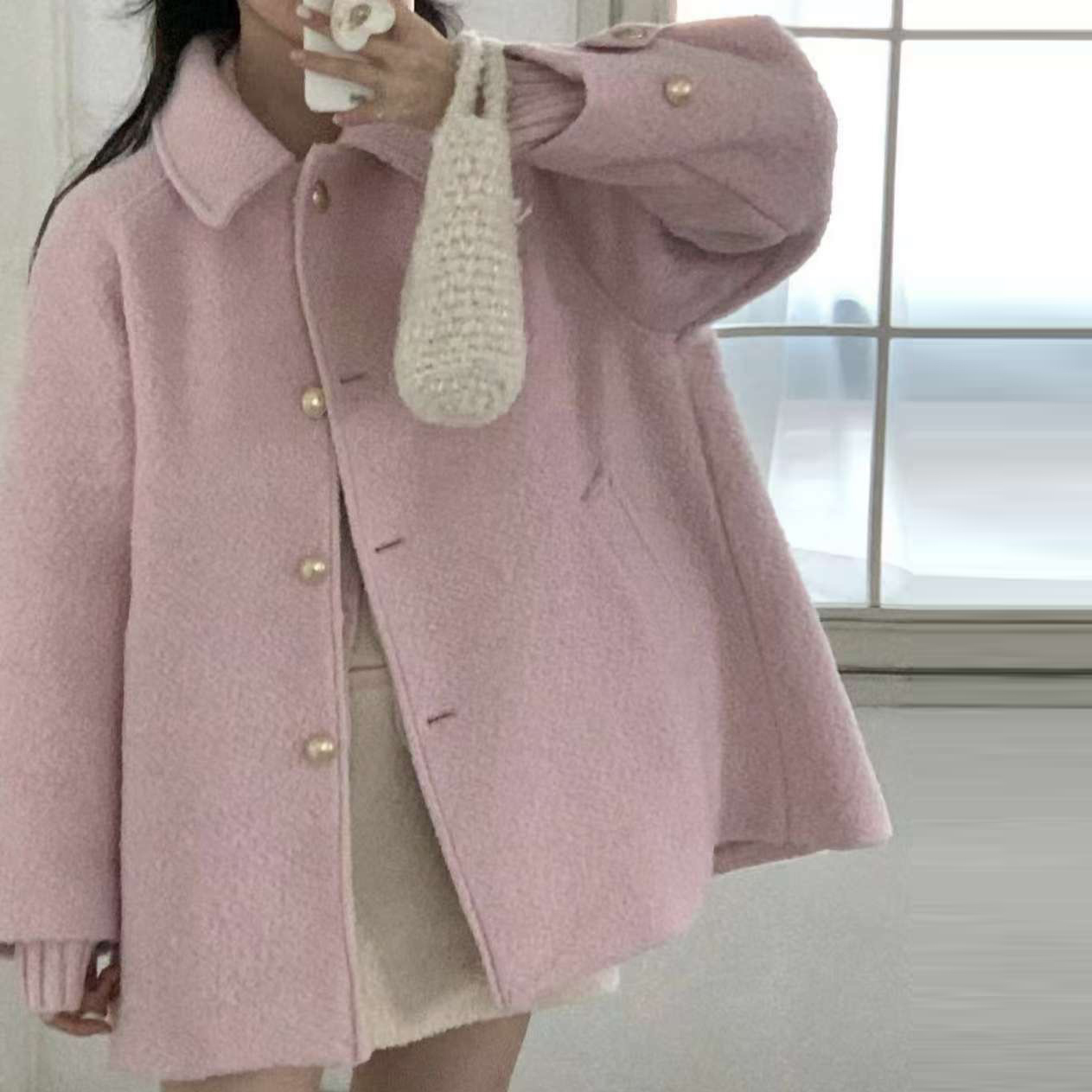 可愛女子金色排釦翻領中長版大衣外套 / 3色