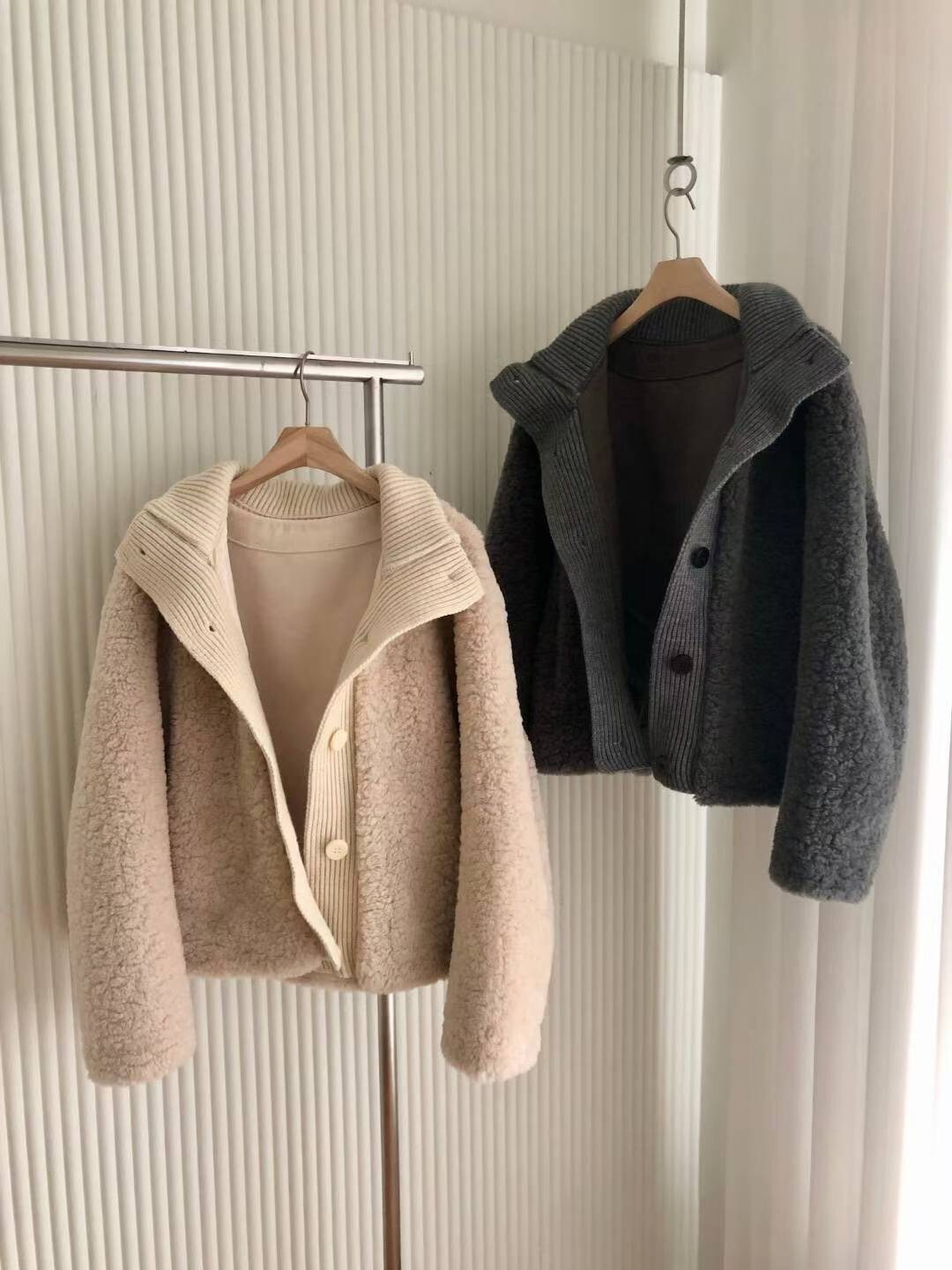 同色系螺紋立領/翻領拼接QQ毛排釦外套 / 2色