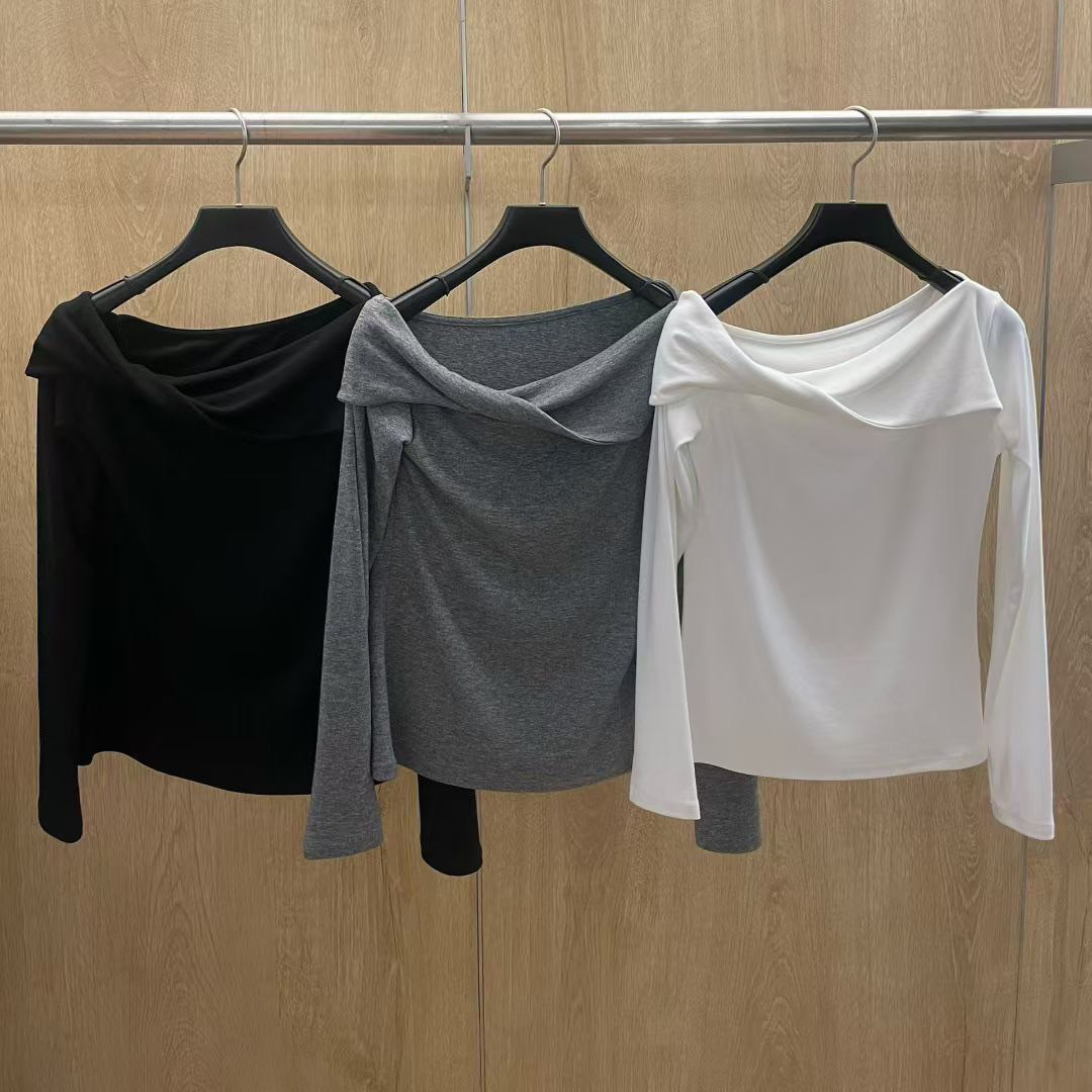 不對稱扭結領片造型合身長袖上衣 / 3色