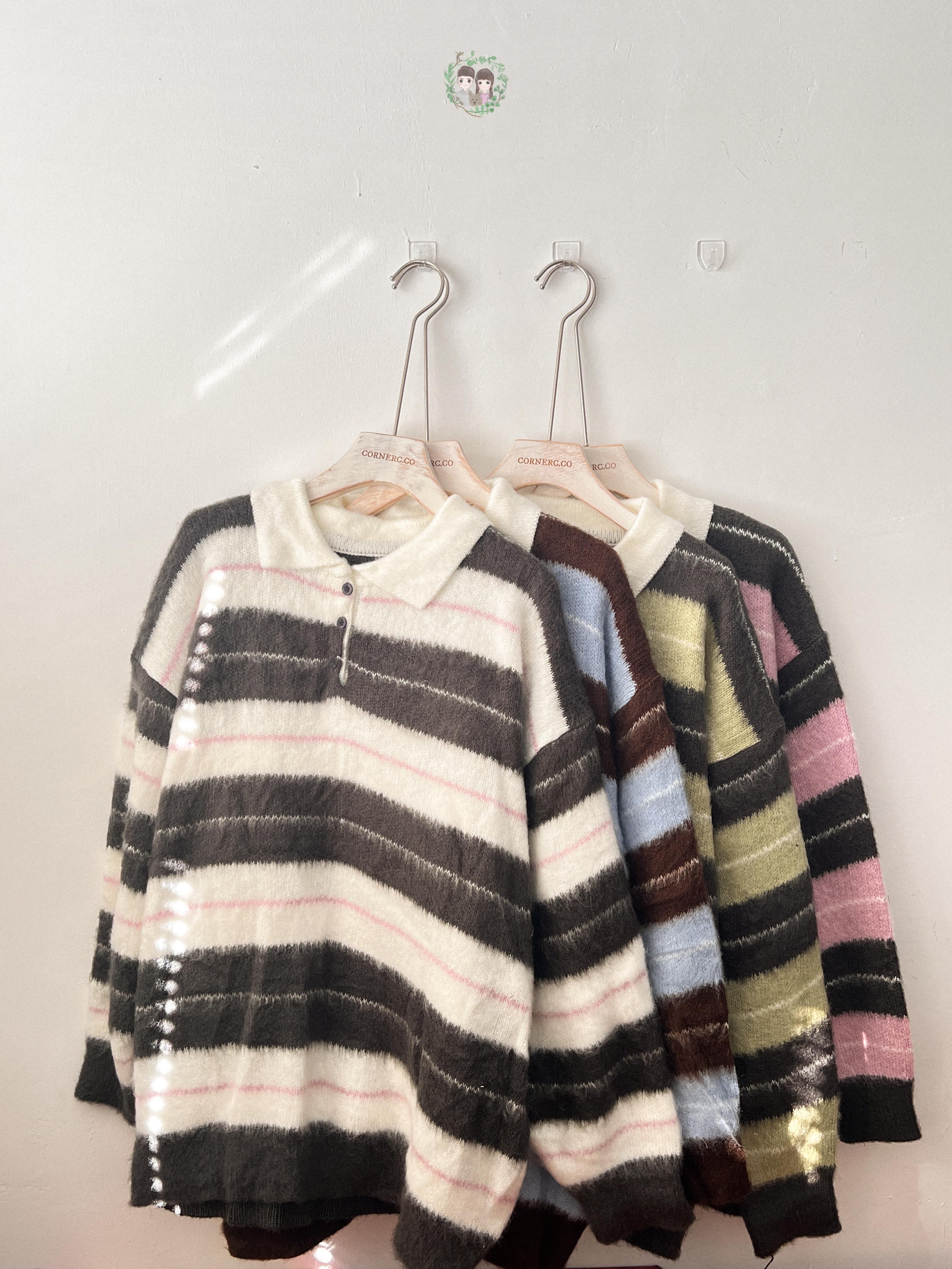 必買！馬海毛翻領撞色針織上衣