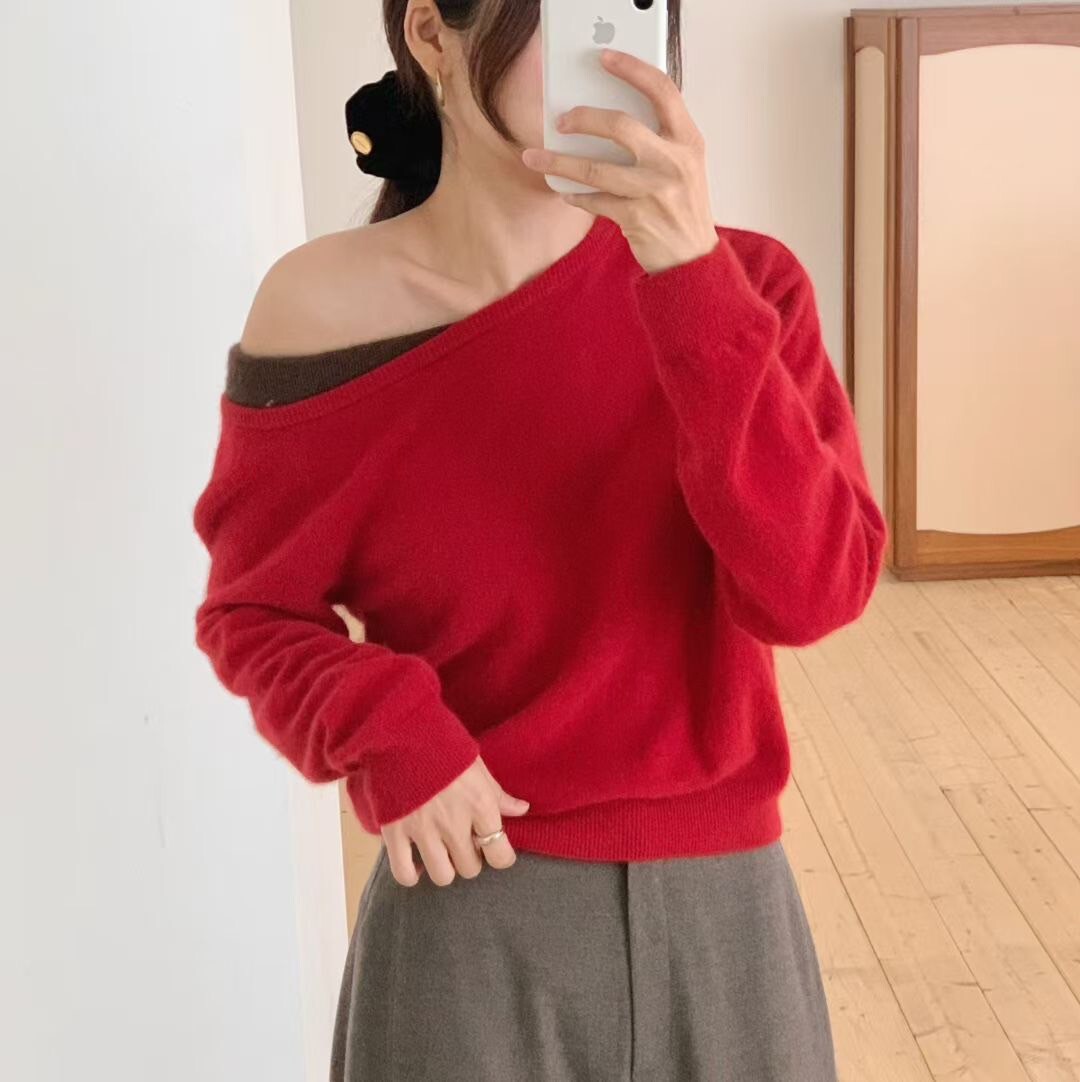 配色露肩狐狸毛/浣熊毛/羊毛針織上衣 / 3色