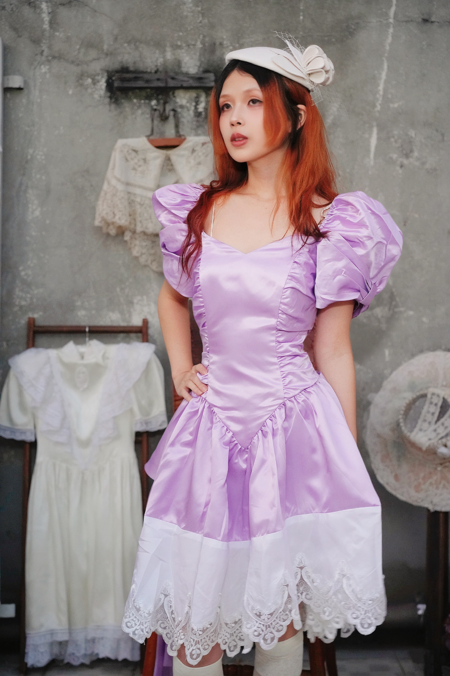 Vintage Remake Dress / 紫色緞面長禮服改製 短版洋裝