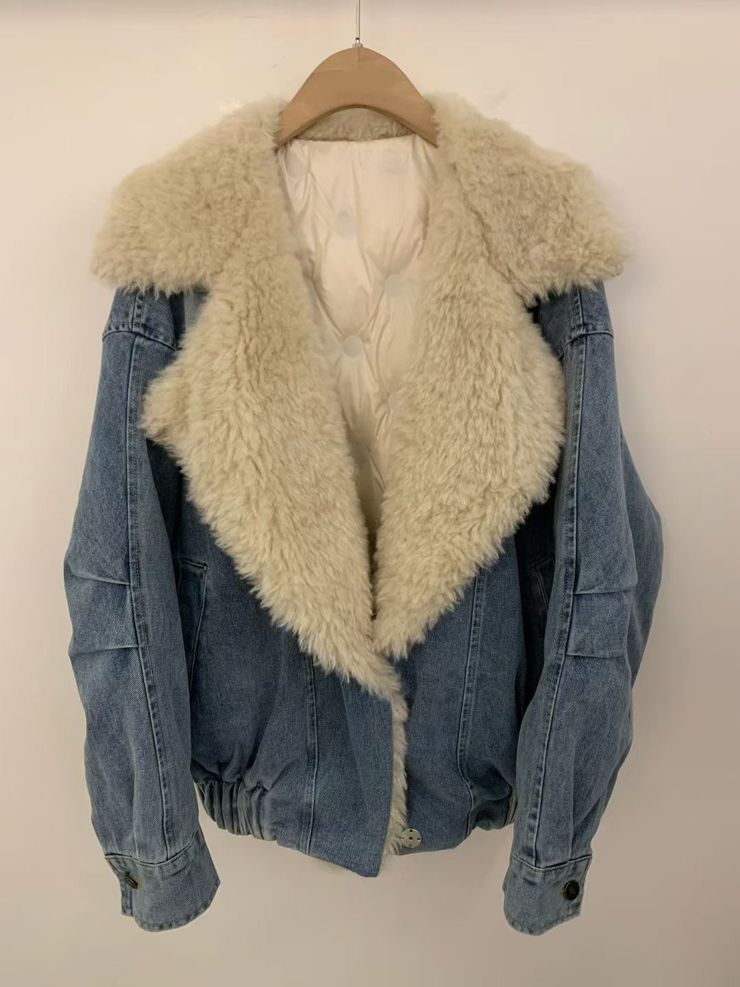 配色QQ毛領片造型內鋪棉牛仔外套