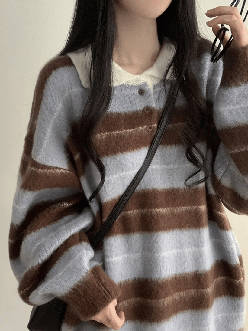 必買！馬海毛翻領撞色針織上衣