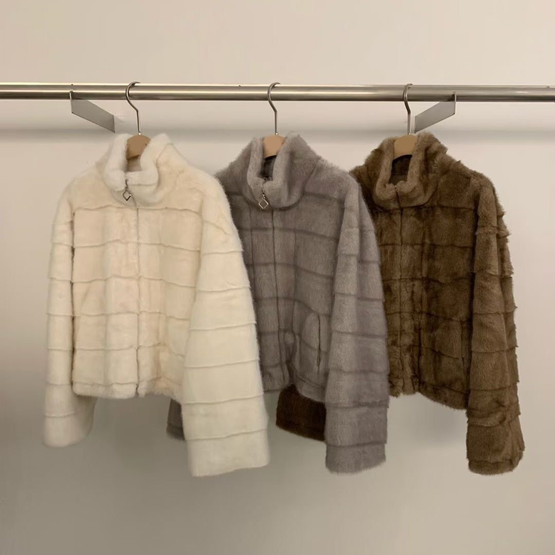 層次漸層感拉鍊立領造型皮草外套 / 3色