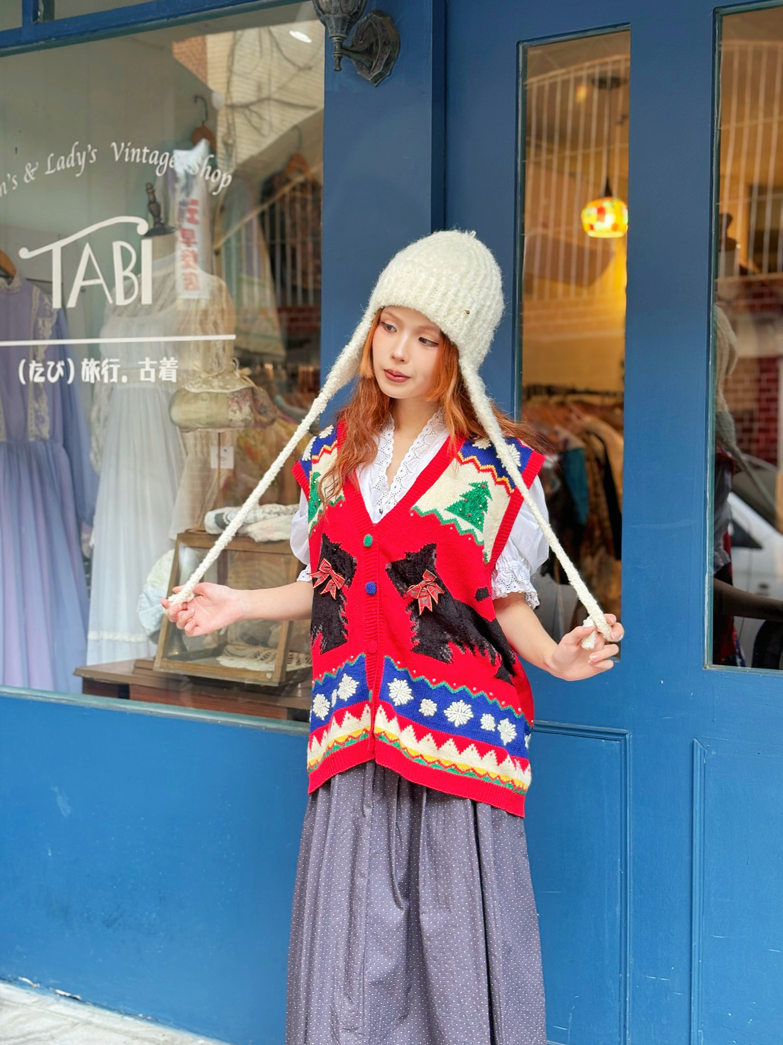 Vintage Knit Vest / 聖誕蘇格蘭梗犬開襟背心