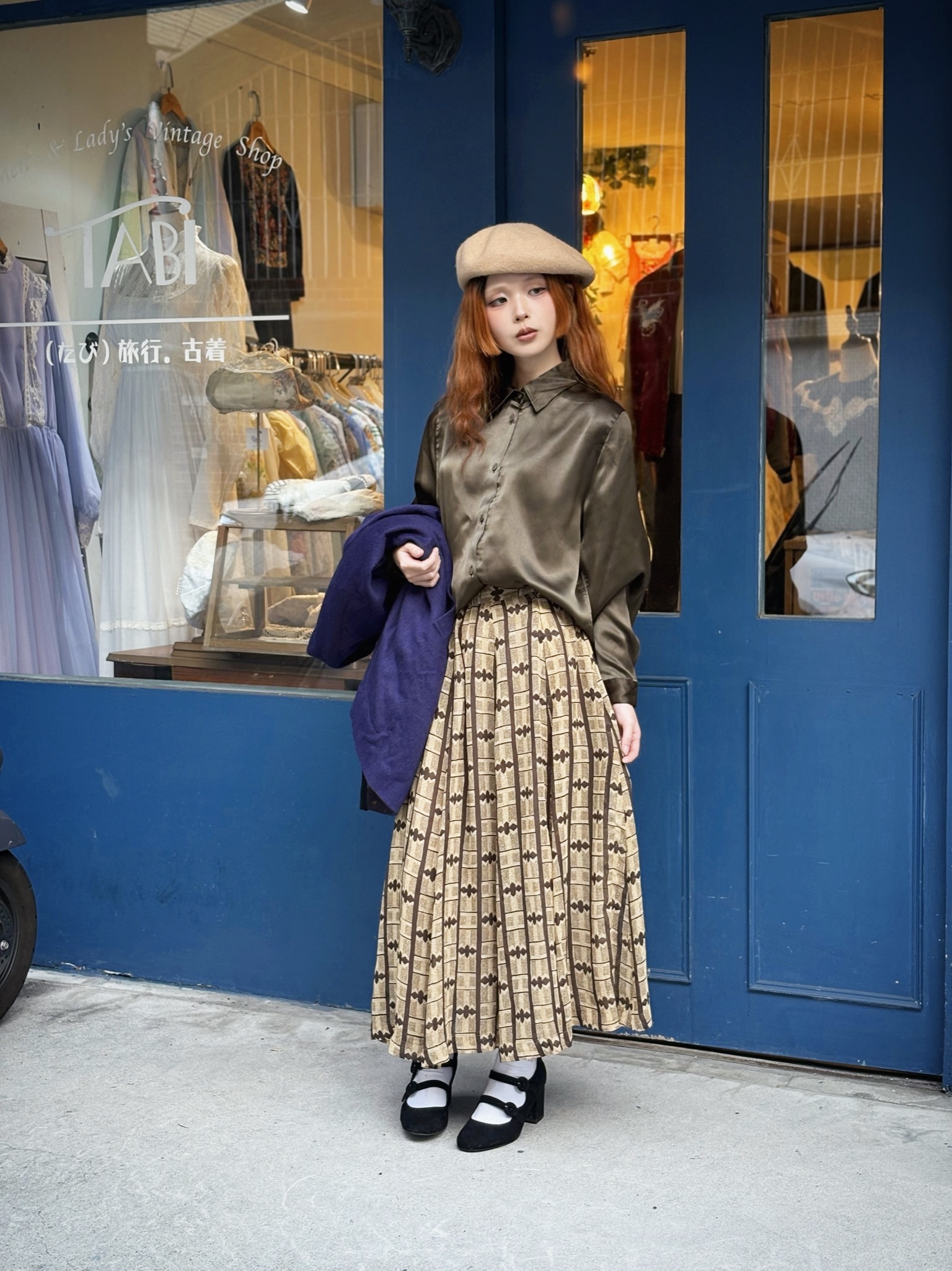 Vintage Top / 日本製煙燻橄欖色緞面襯衫