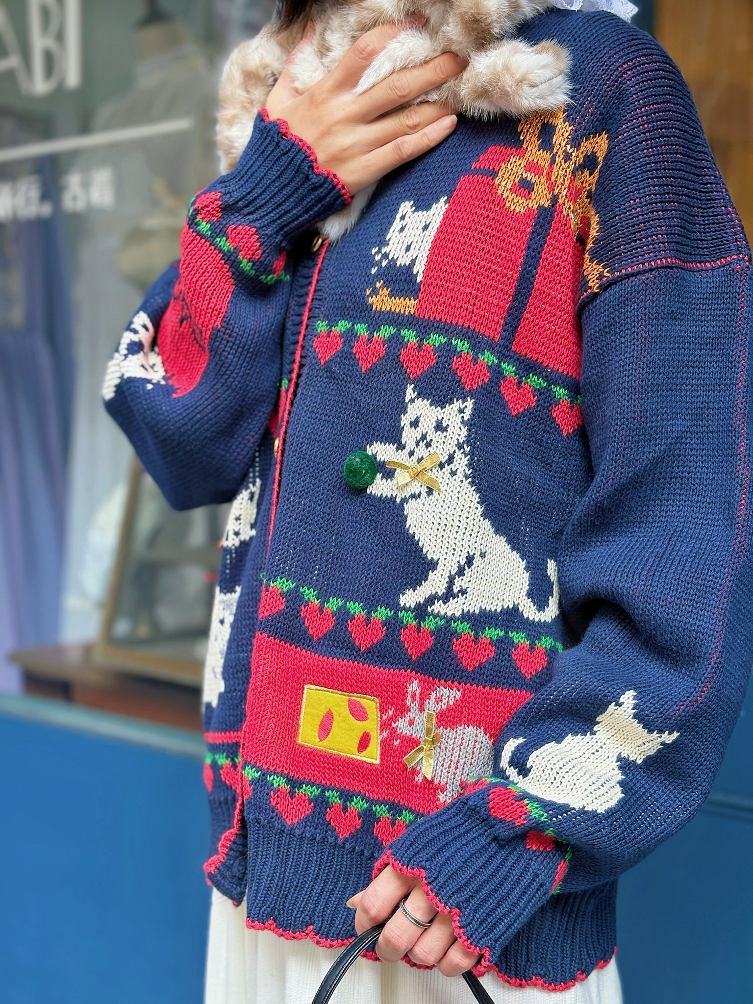 Vintage Cardigan /普魯士藍貓咪水波滾邊開襟外套
