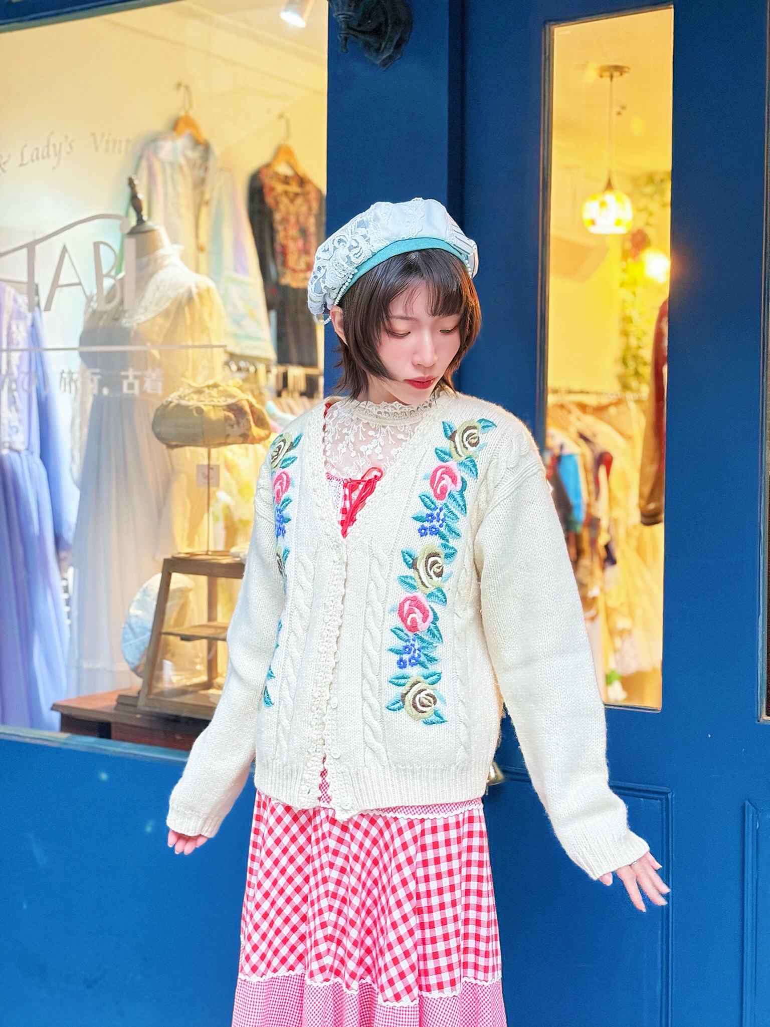 Vintage Cardigan /米白花卉編織開襟外套