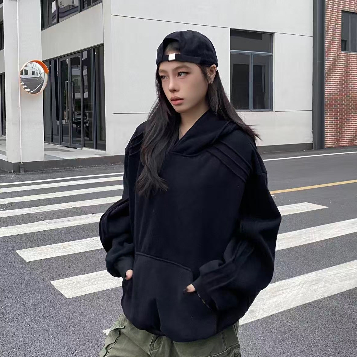 XCTRL 立體線條寬版帽T-黑