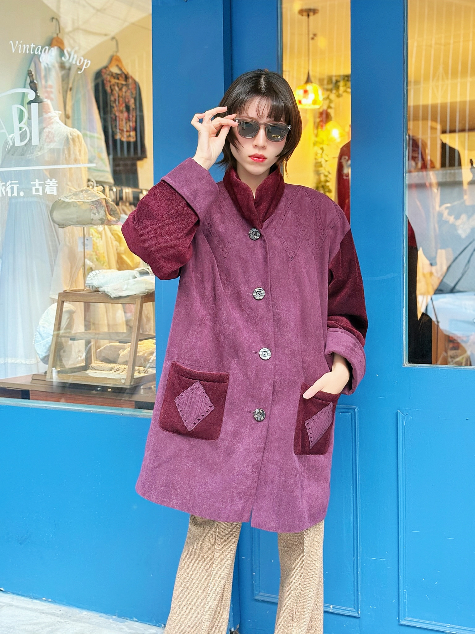 Vintage Japanese Coat /日本製異材質拼接立領大衣外套