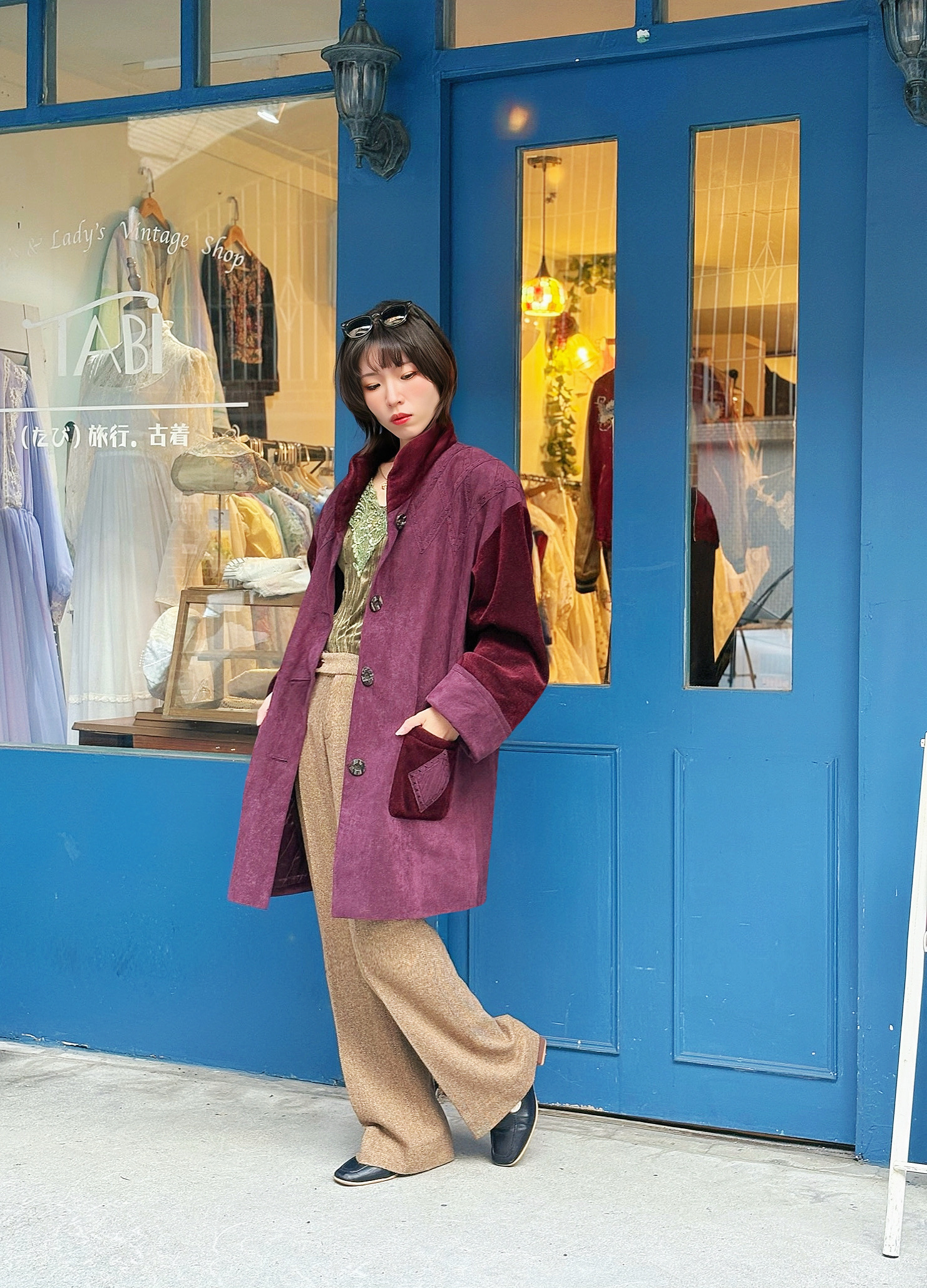 Vintage Japanese Coat /日本製異材質拼接立領大衣外套