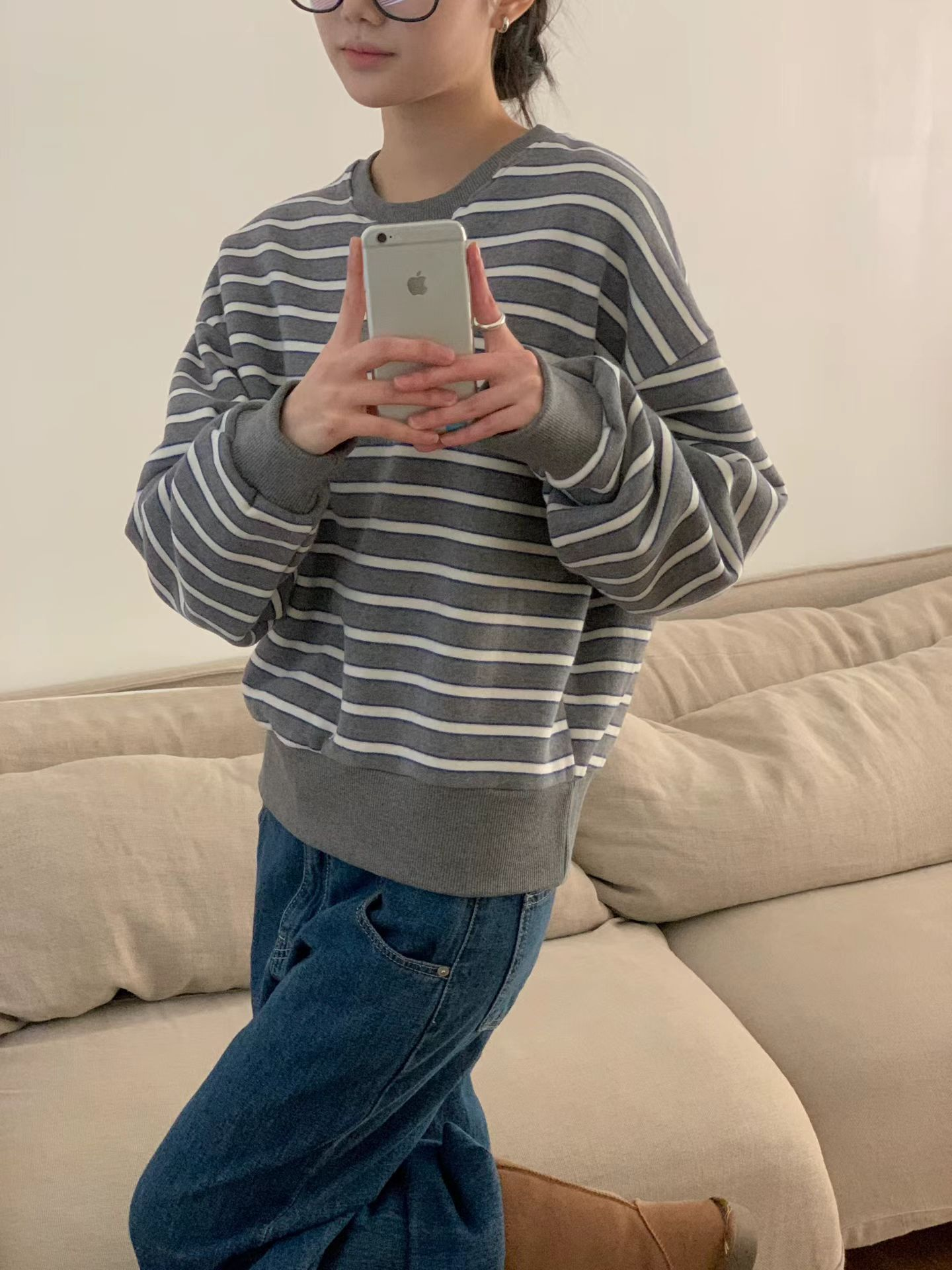 圓領拼色橫間抓毛衛衣(灰色)