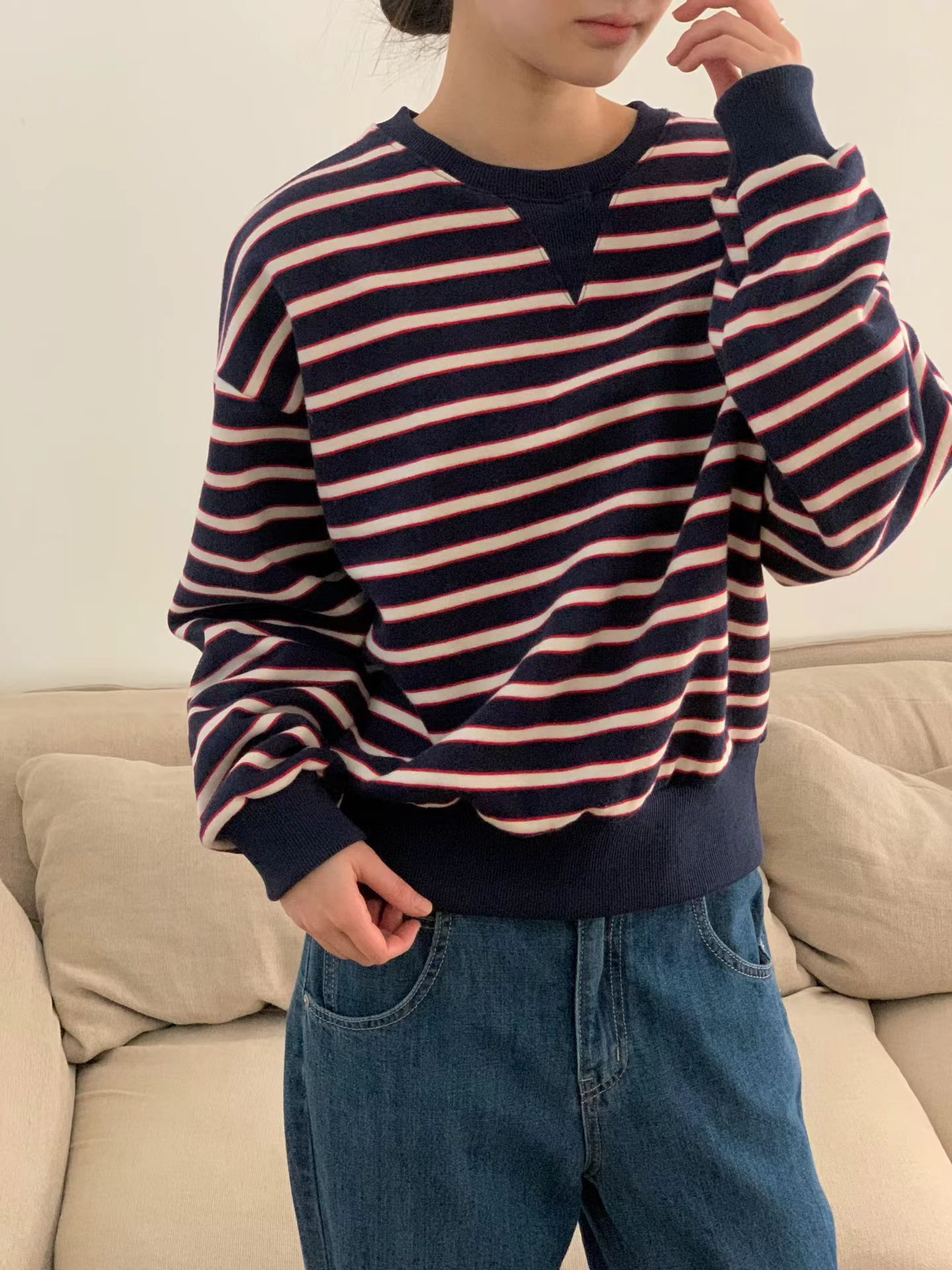 圓領拼色橫間抓毛衛衣(深藍色)