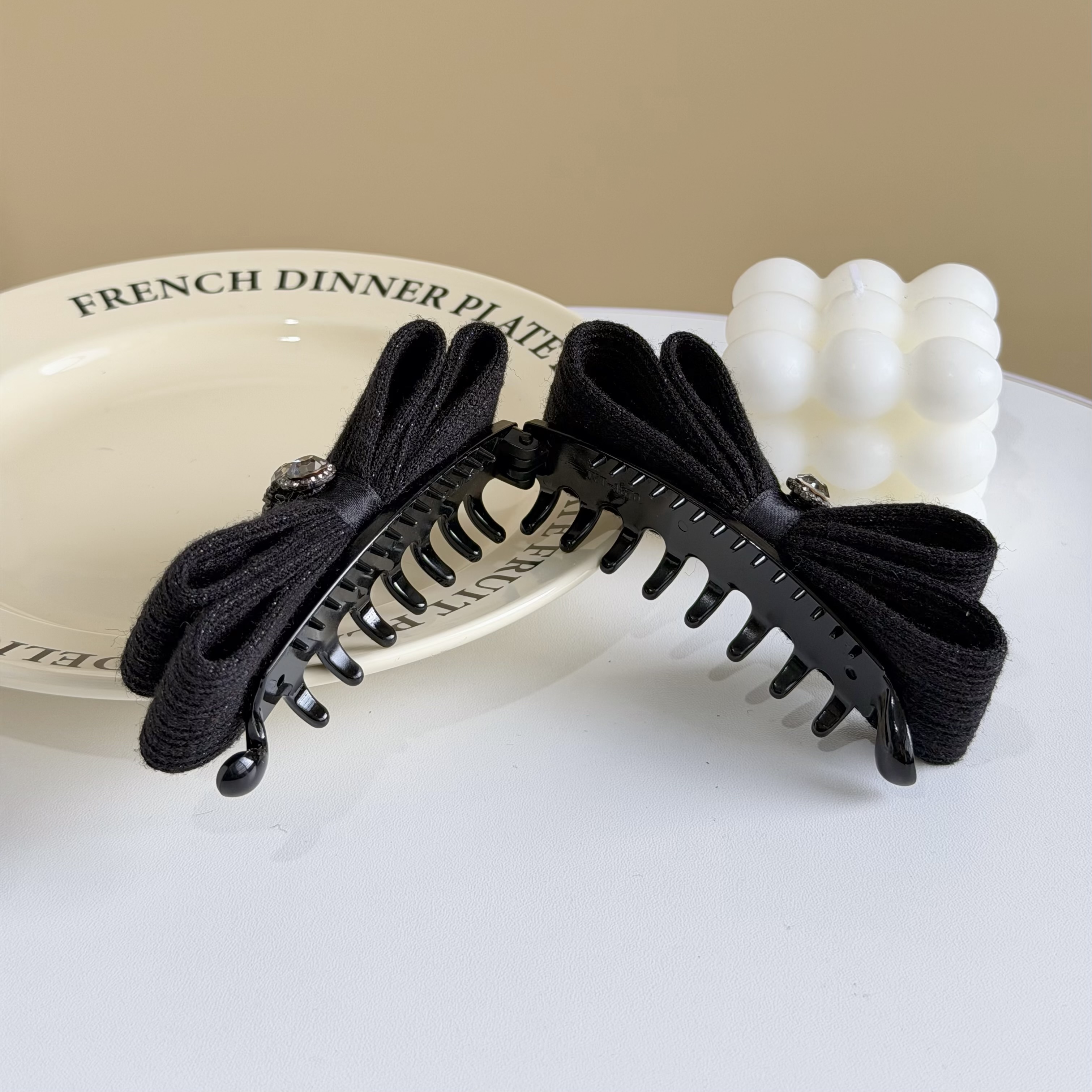 H216水鑽銀絲針織雙層蝴蝶結香蕉夾