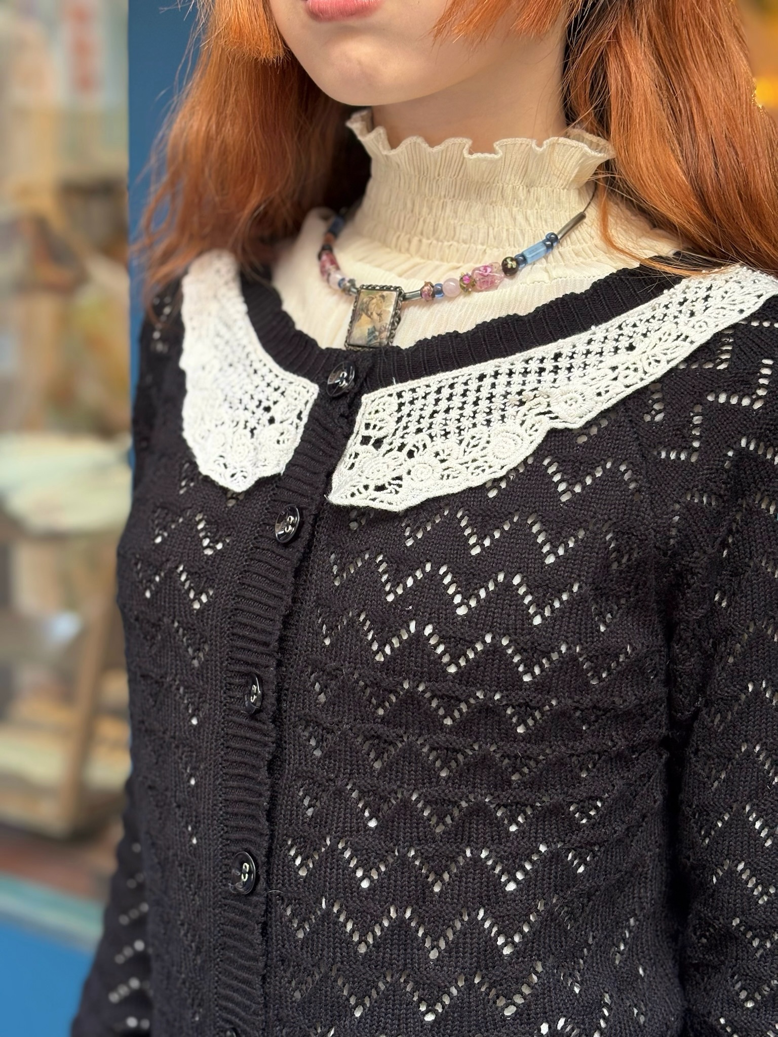 Knit Cardigan /黑色針織領片鏤空開襟外套