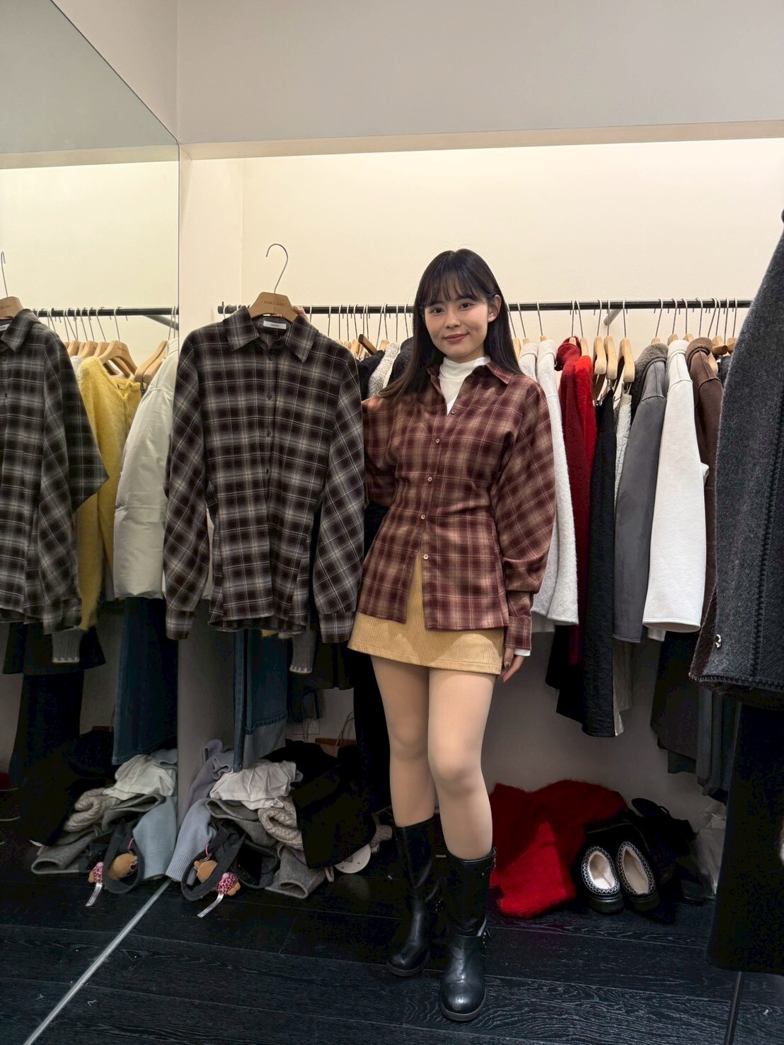 OB5315 聖誕格紋後收腰恤衫