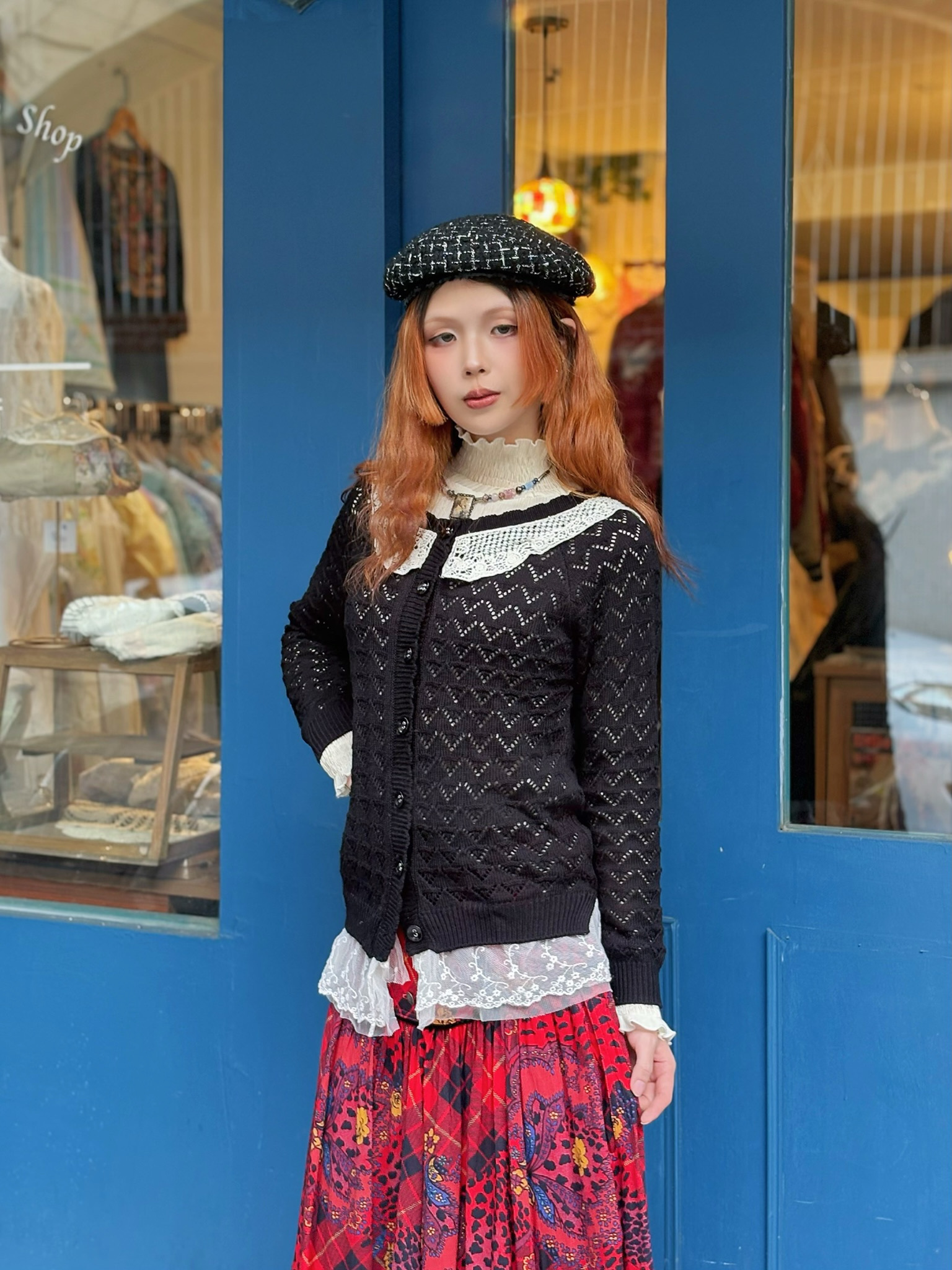 Knit Cardigan /黑色針織領片鏤空開襟外套