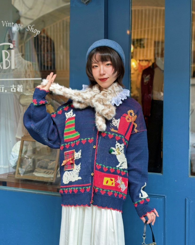 Vintage Cardigan /普魯士藍貓咪水波滾邊開襟外套