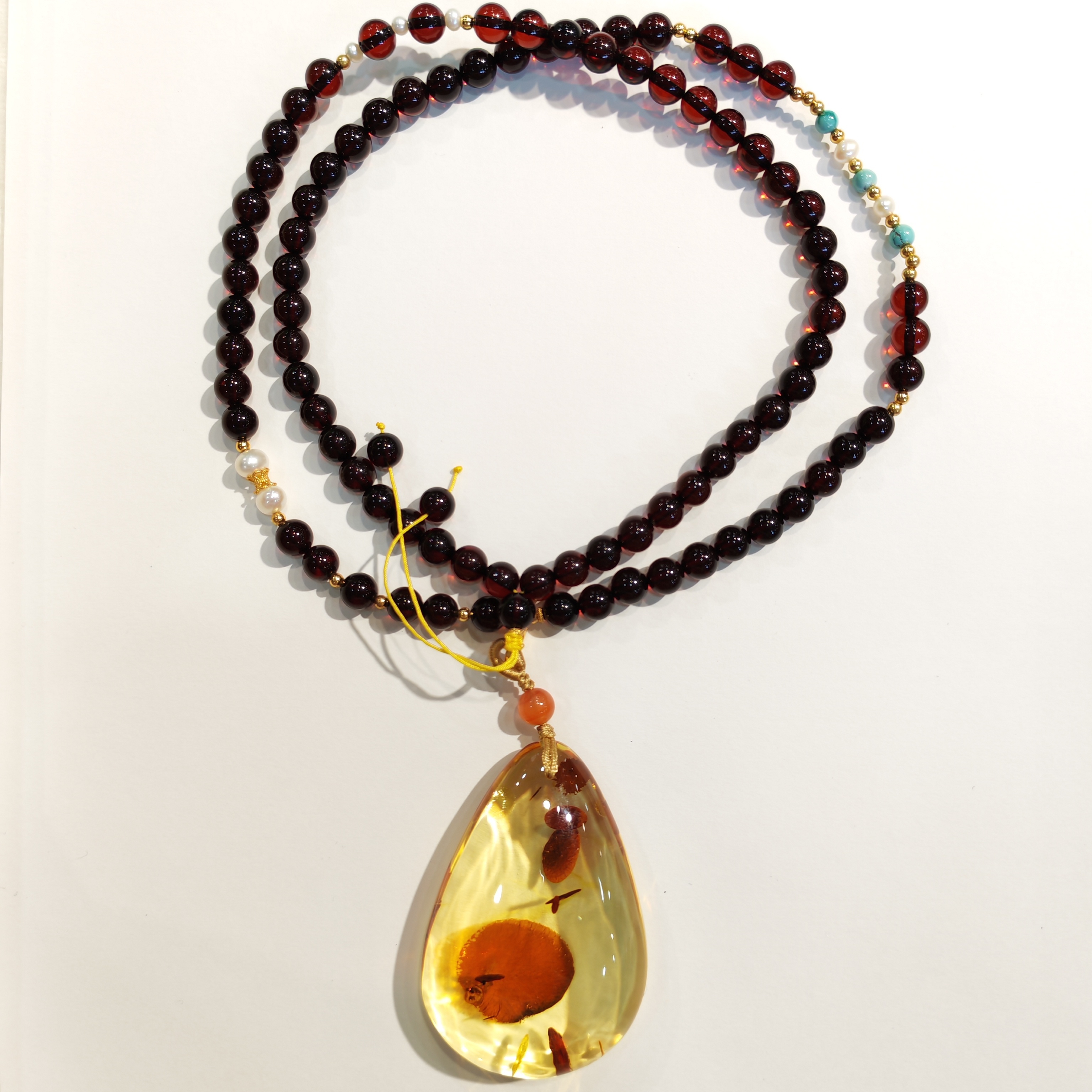 1217GZ42-琥珀GZ-6mm +血珀DIY綠松花珀水滴長鏈（B42）