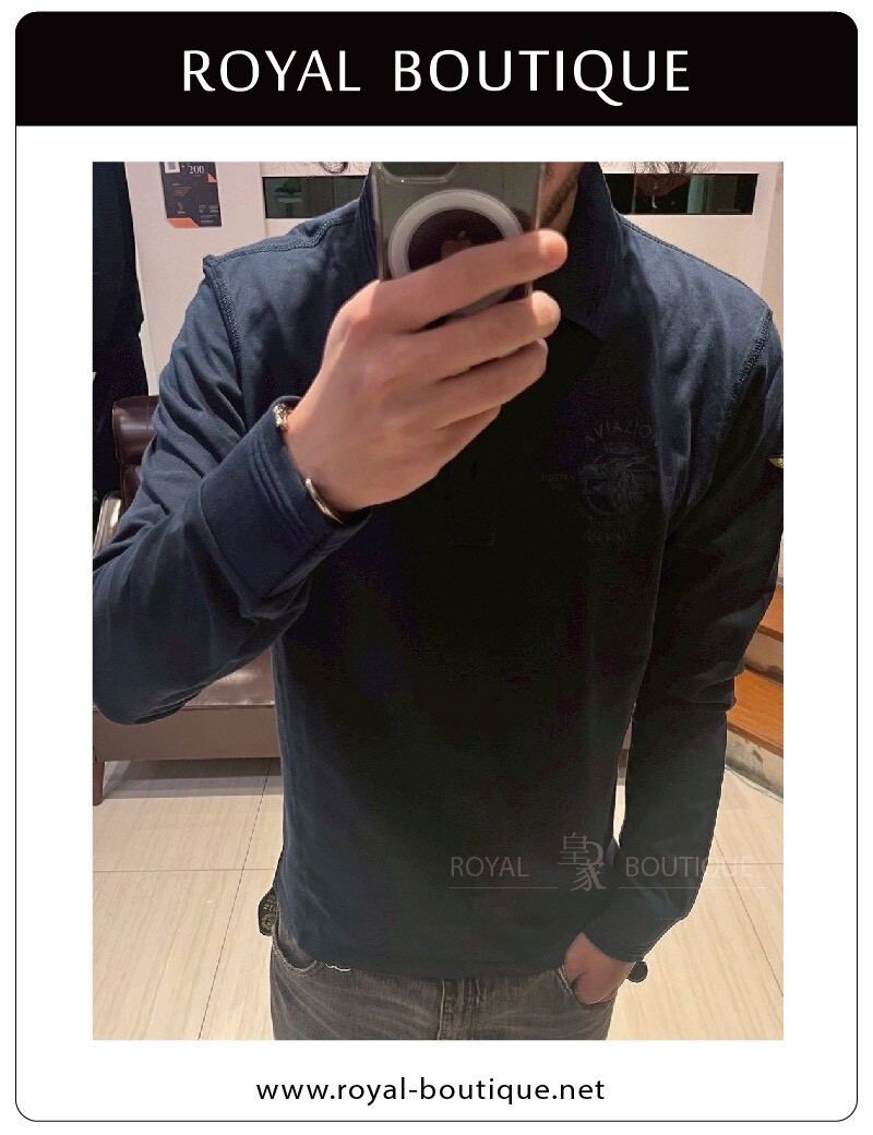 MARINA MILITARE 深藍針織拼接素面長POLO衫