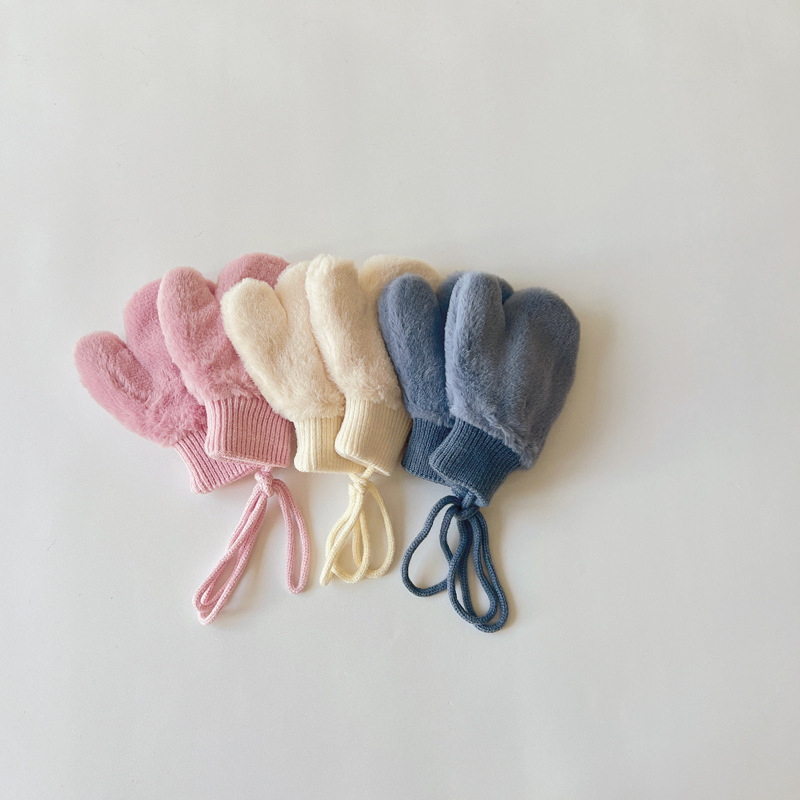 純色小兔毛掛繩加絨手套(1-4y)
