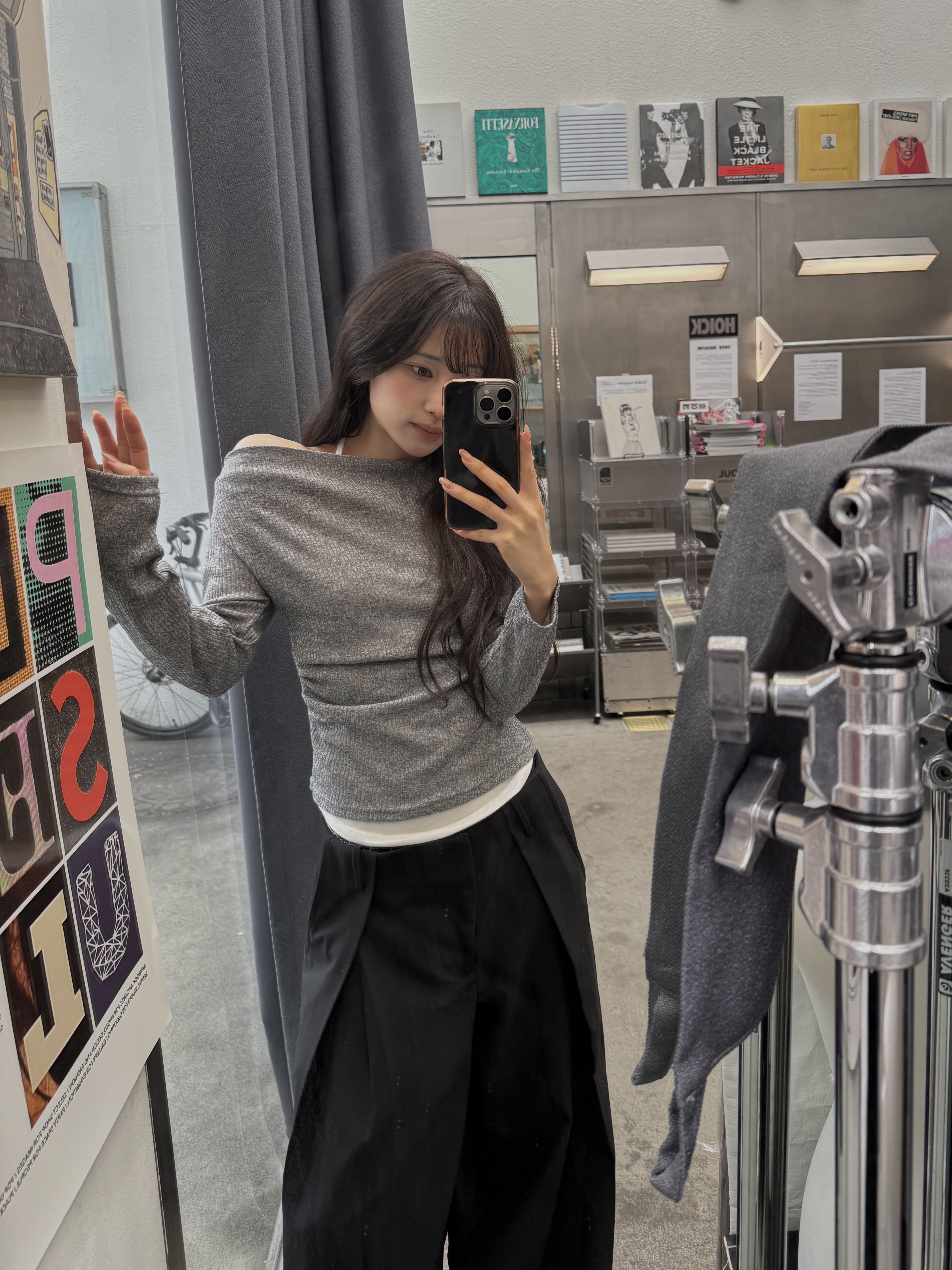 韓國 兩件式 一字領針織長袖上衣