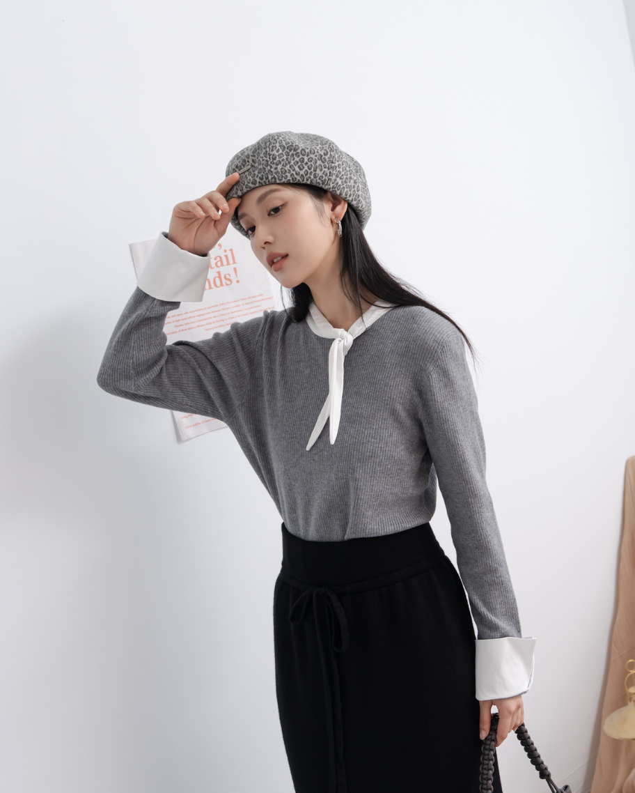 簡約針織拼接綁帶上衣