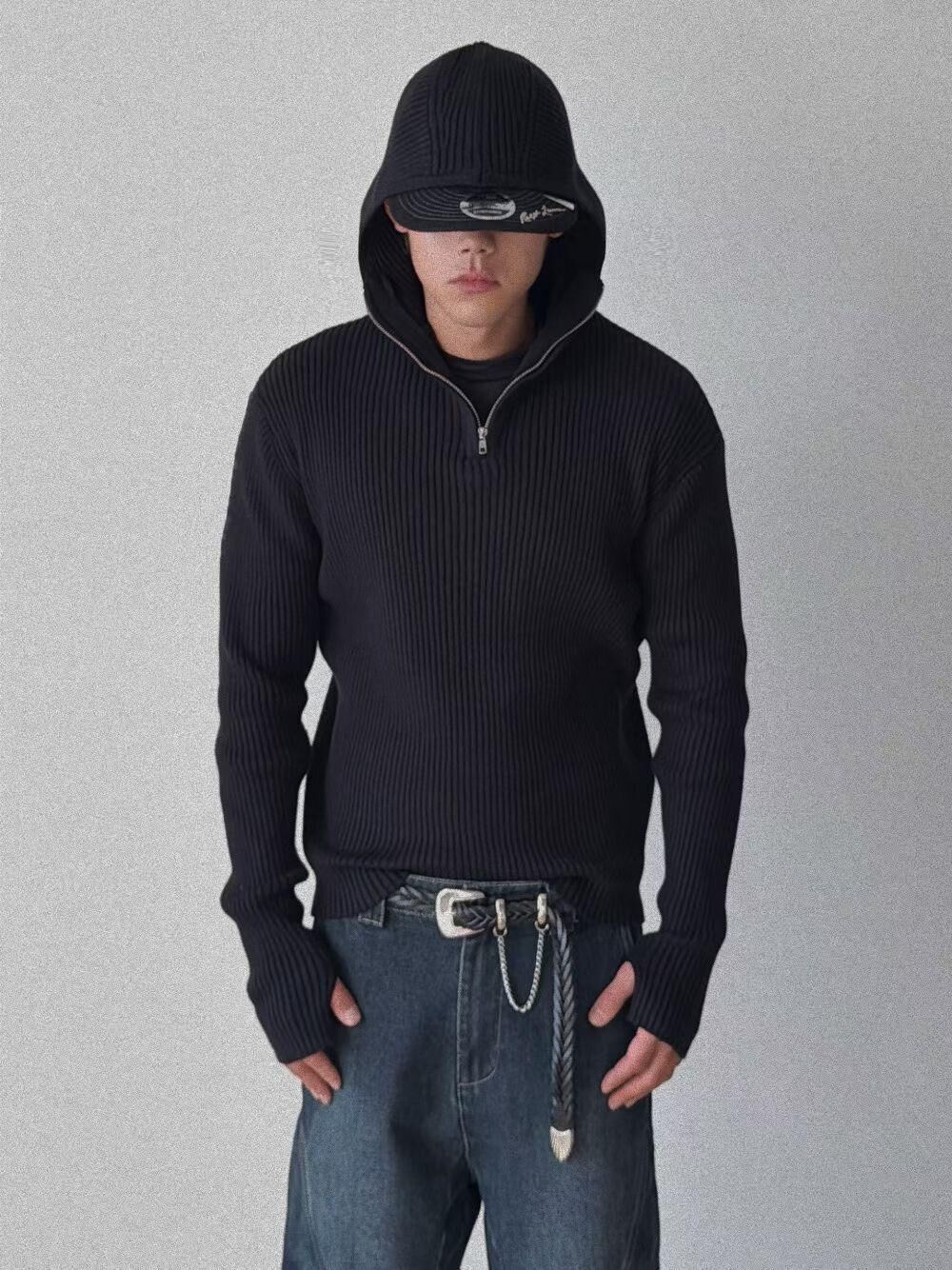 淨色暗直紋連帽針織衫 Vass-037T