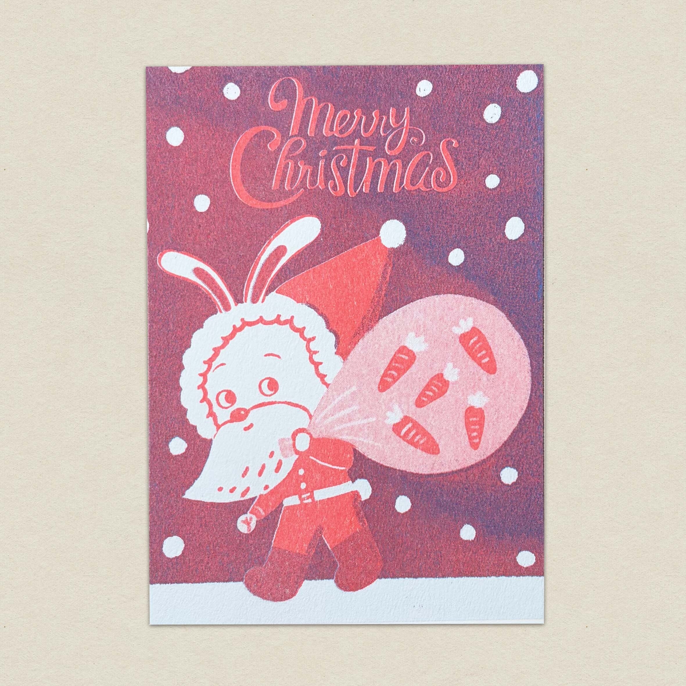 聖誕兔公公(粉紫)/孔版印刷明信片/復古明信片