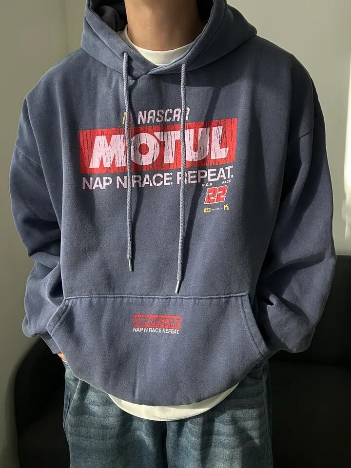 OverSize洗水英文字圖案連帽衛衣(薄抓毛底) T5848