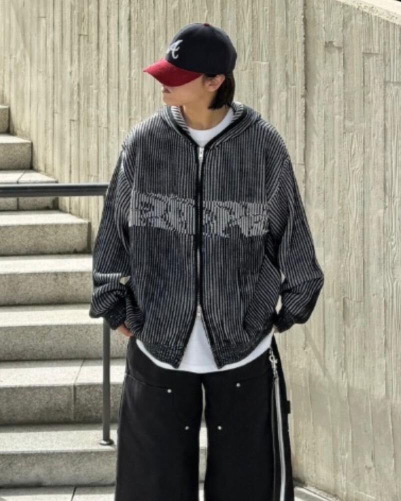 圖案直紋連帽拉鍊外套 Tac-0355JK