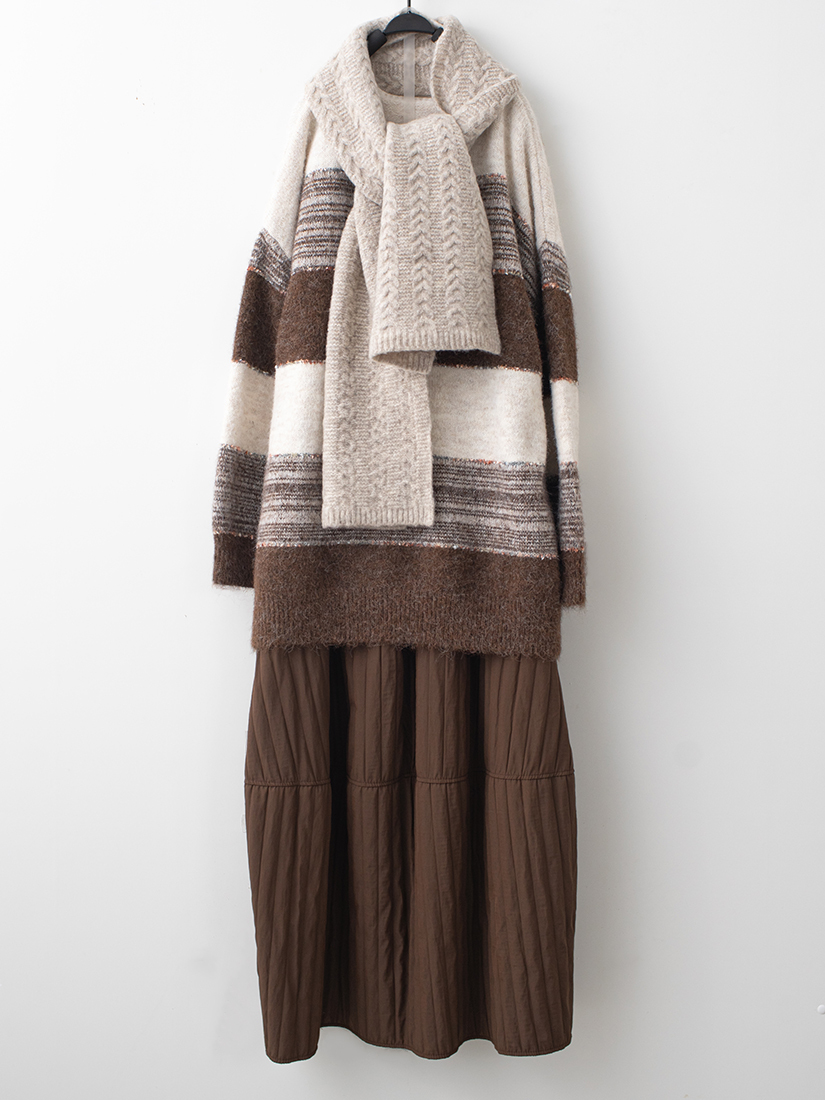 慵懶條紋長版針織鋪棉花苞感長裙組合