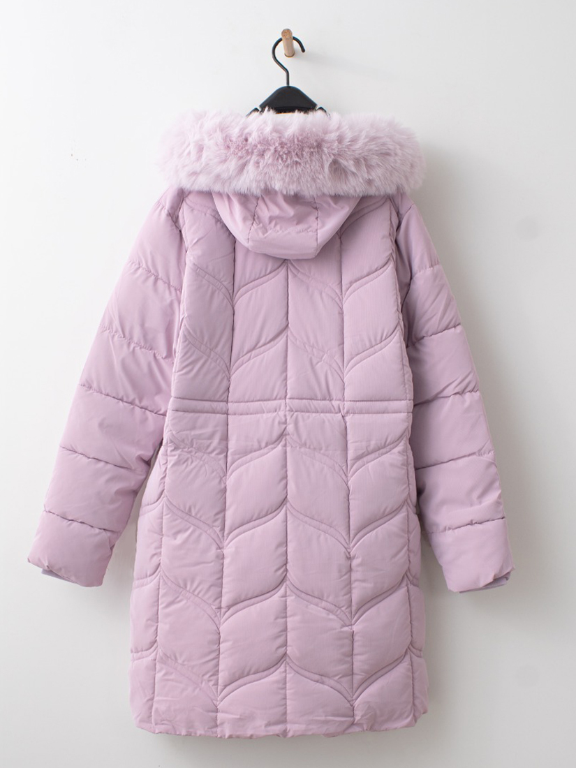 剪接壓紋可拆毛條連帽鋪棉長大衣