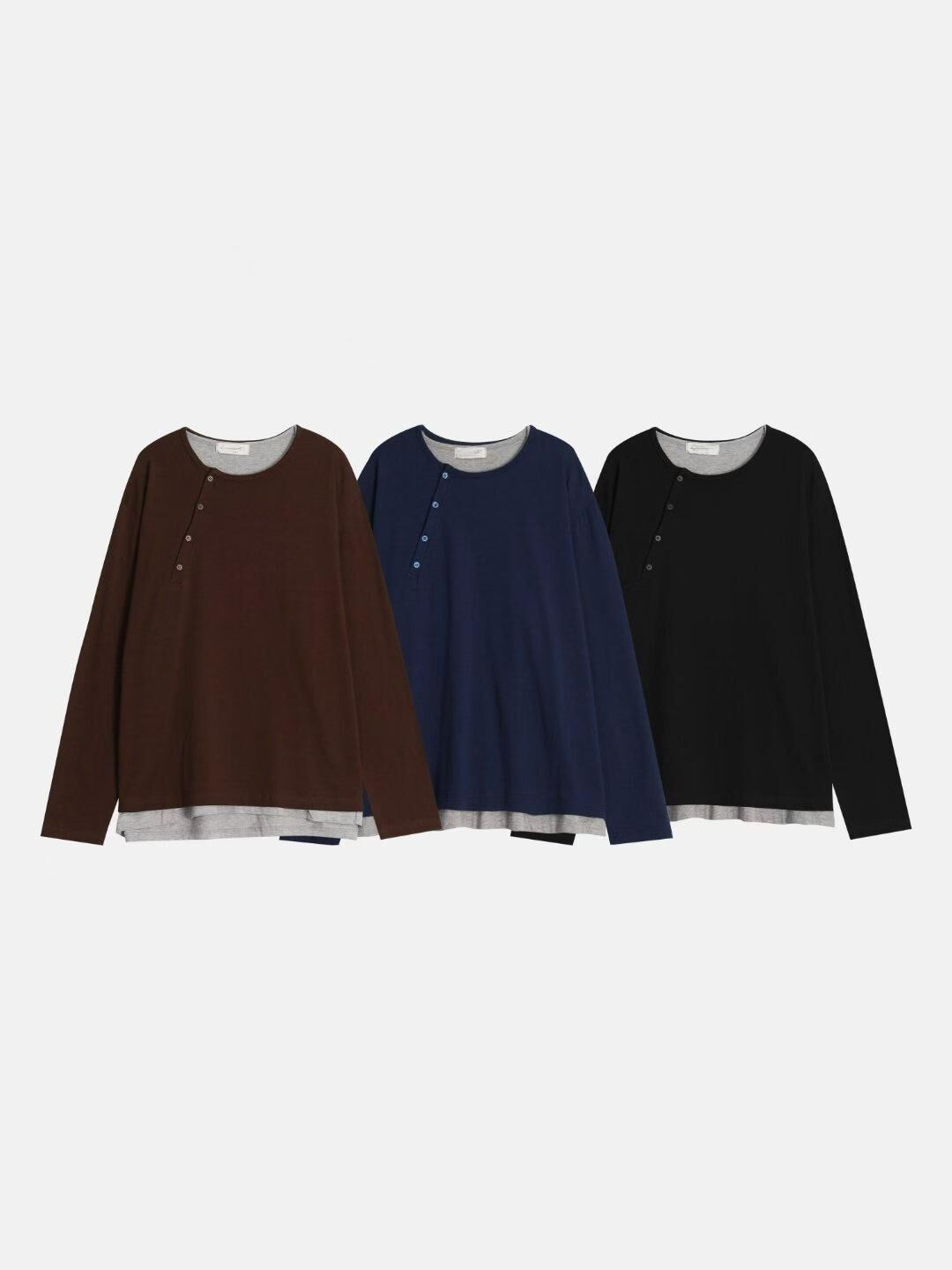 淨色半開胸假兩件長袖衫 Tac-0360T