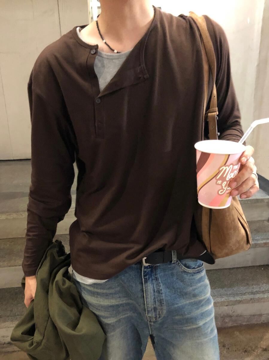 淨色半開胸假兩件長袖衫 Tac-0360T