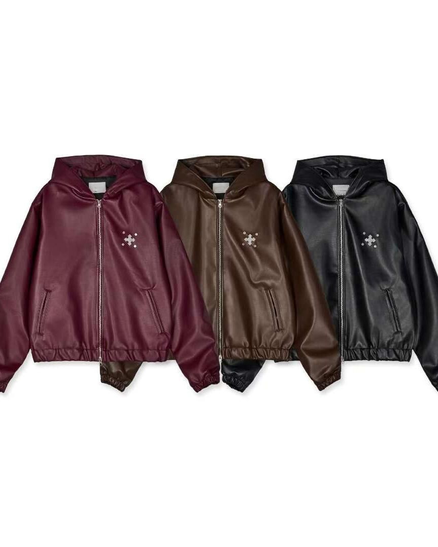 圖案連帽拉鍊合成皮褸 Tac-0363JK