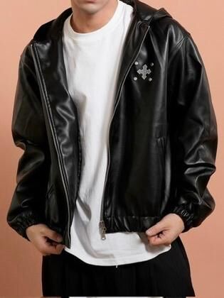 圖案連帽拉鍊合成皮褸 Tac-0363JK