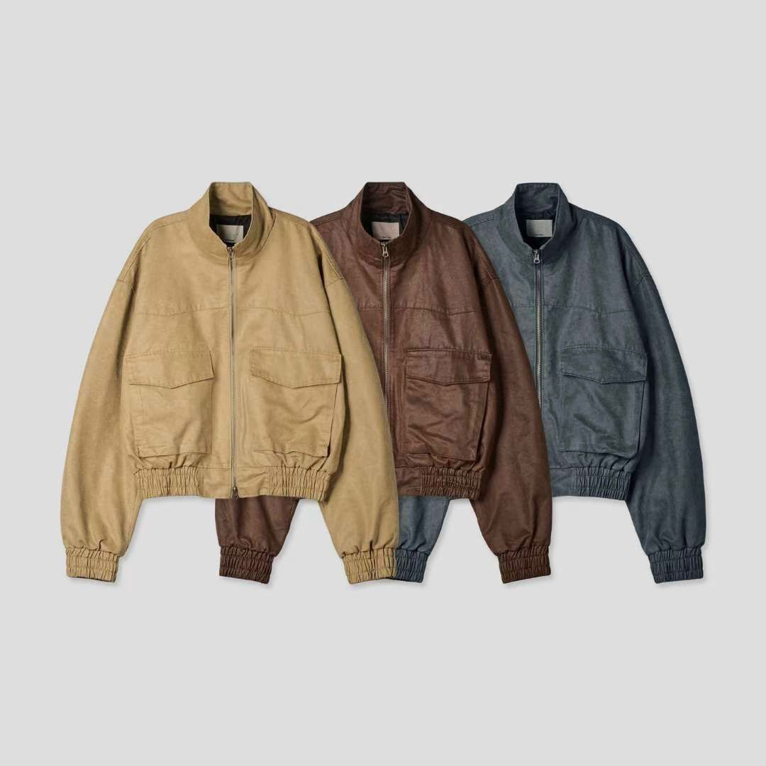 淨色企領拉鍊合成皮褸 Tac-0366JK