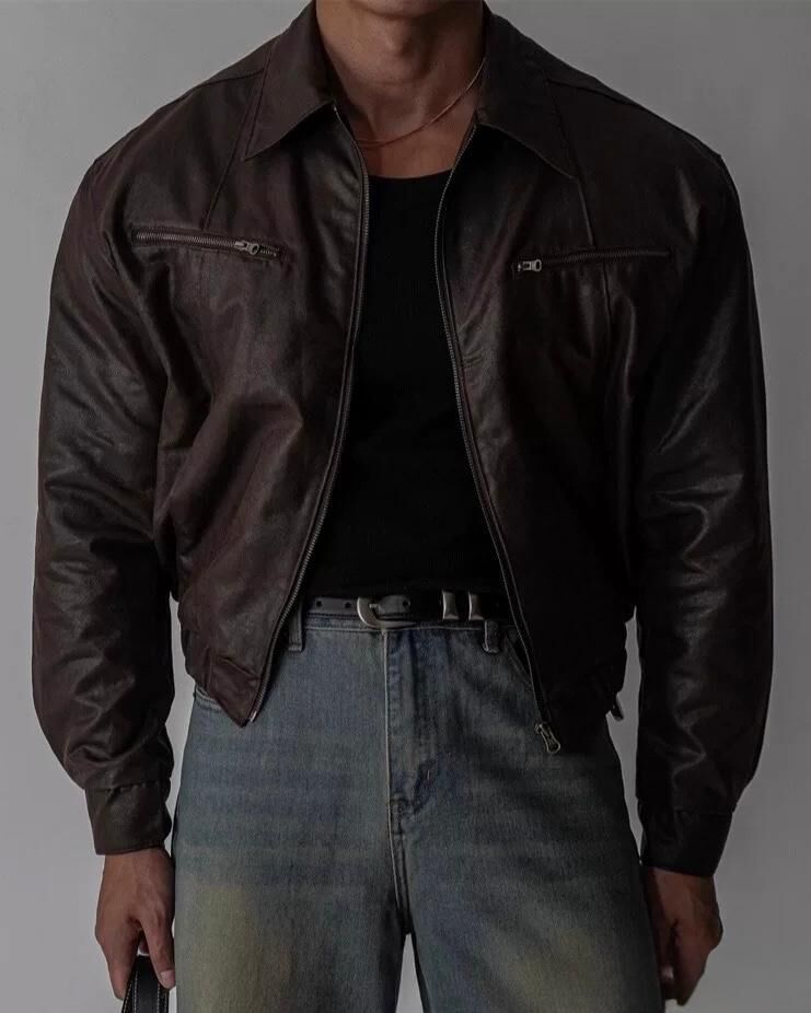 淨色反領拉鍊合成皮褸 Tac-0367JK