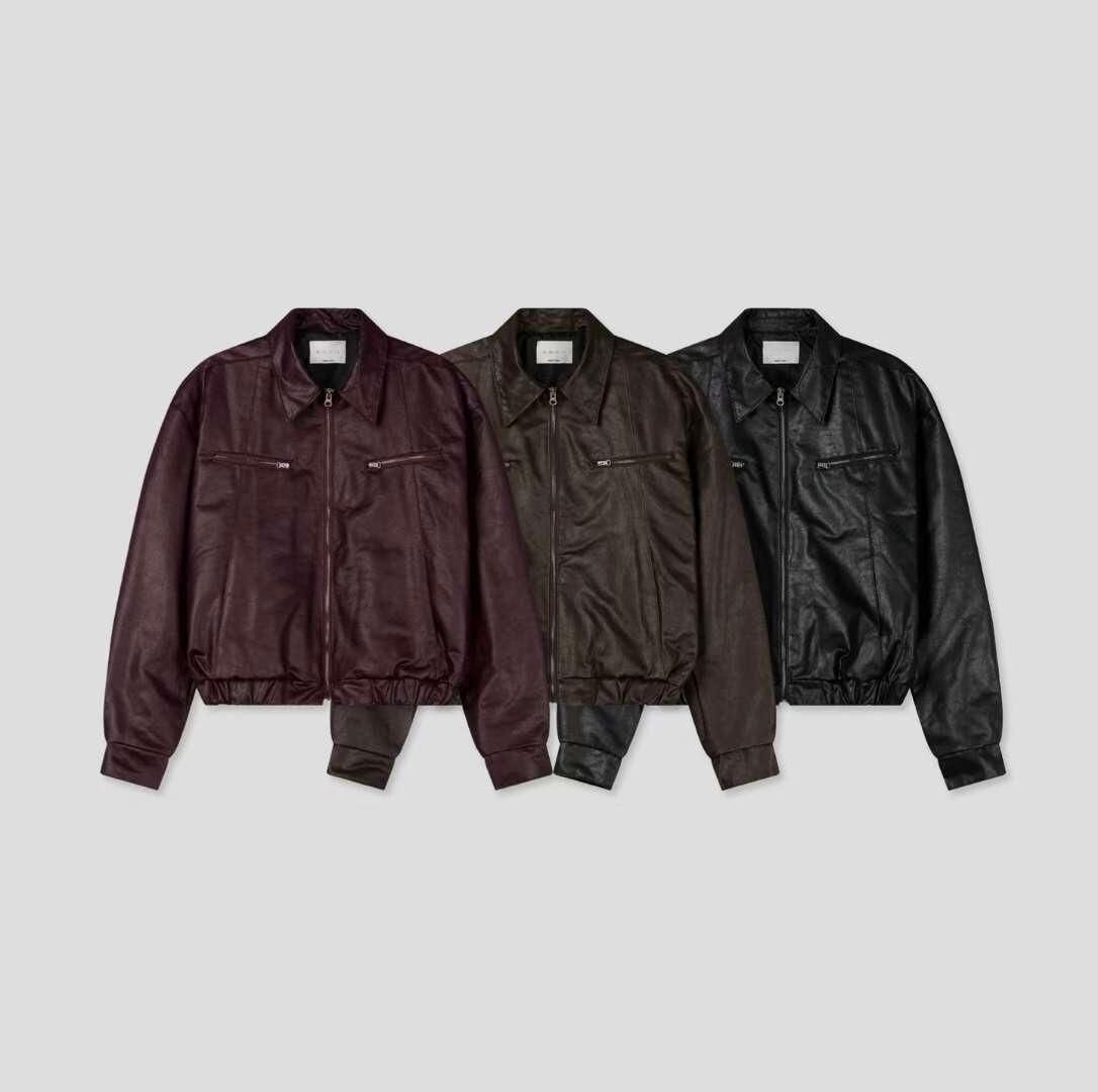 淨色反領拉鍊合成皮褸 Tac-0367JK