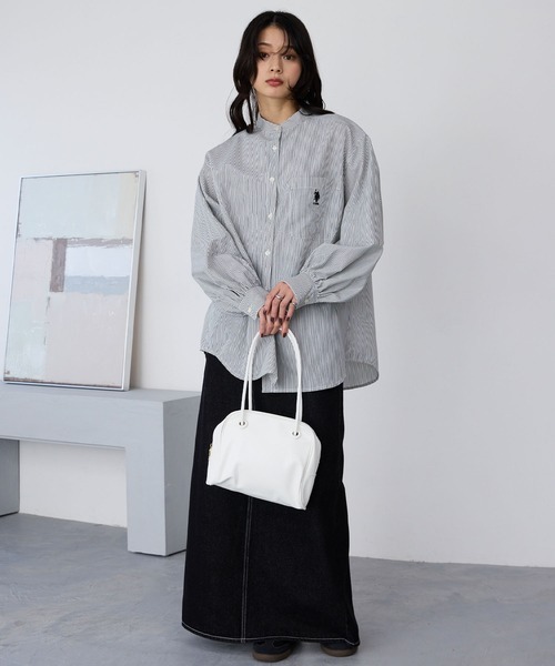 U.S. POLO ASSN. 別注款｜單點刺繡・蓬袖立領長袖襯衫（條紋／白／藍）