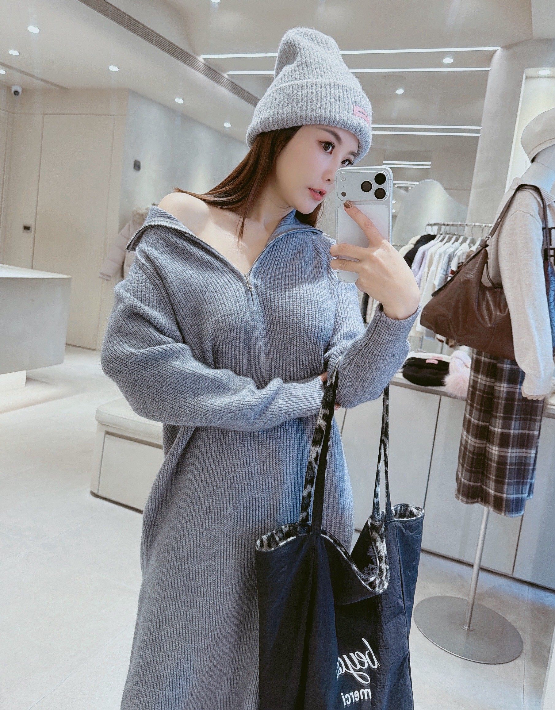 胸拉鍊翻領針織長洋