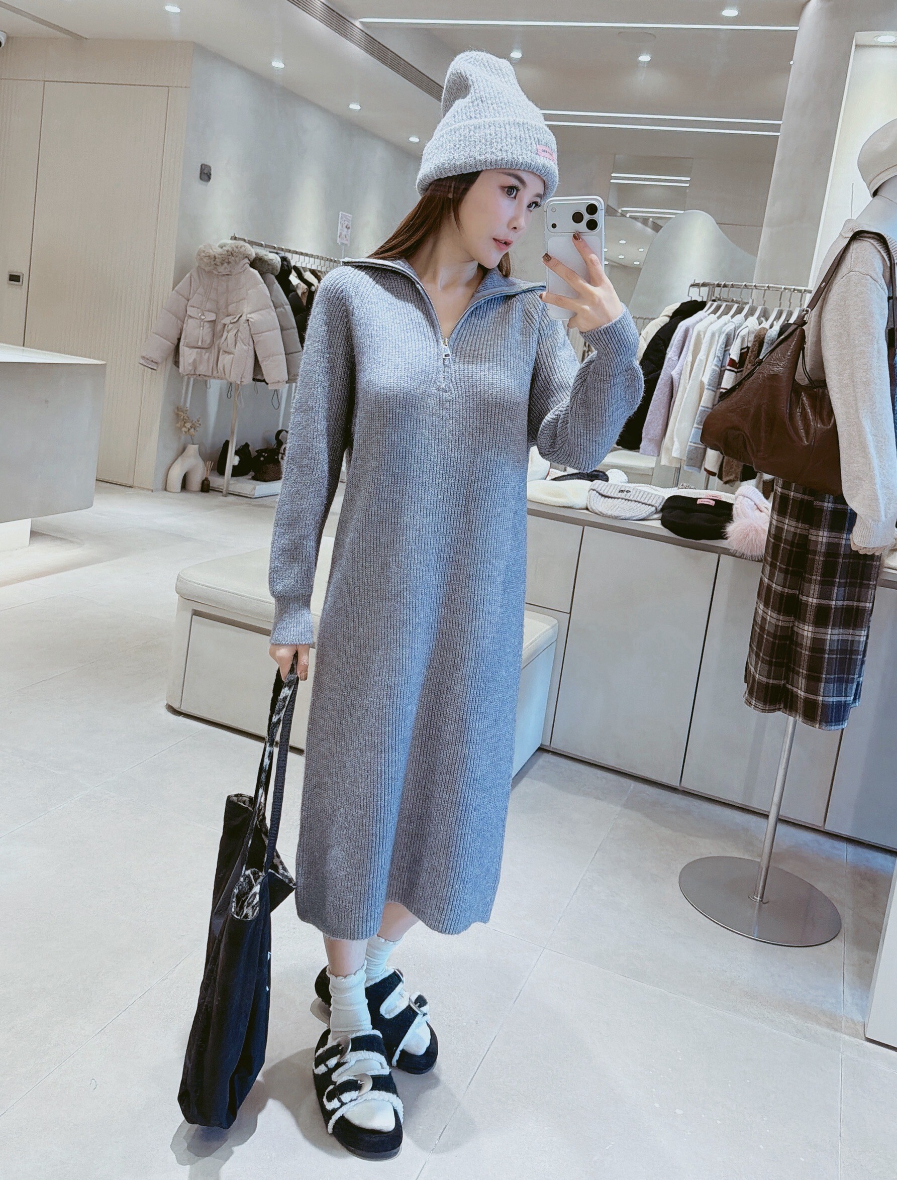 胸拉鍊翻領針織長洋