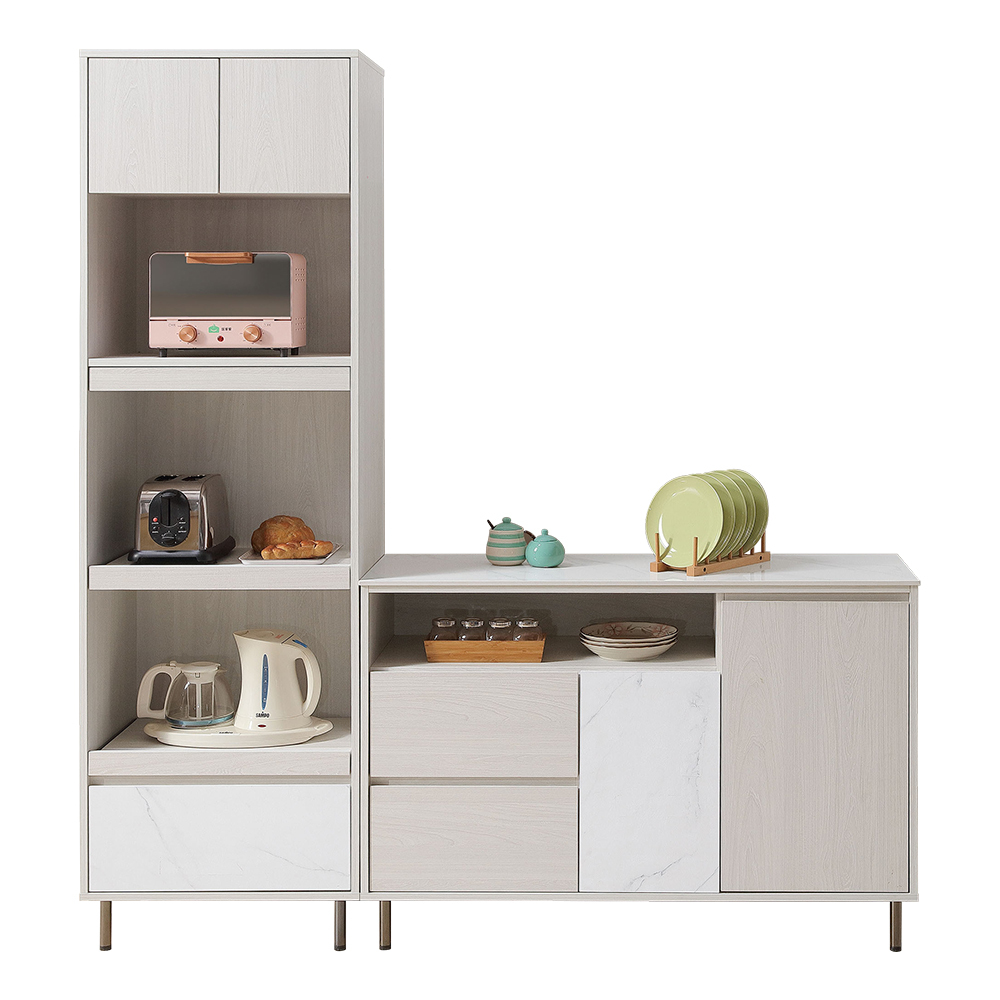 卡諾斯6尺岩板L型收納餐櫃組合(2尺高電器櫃+4尺碗盤置物矮櫃)