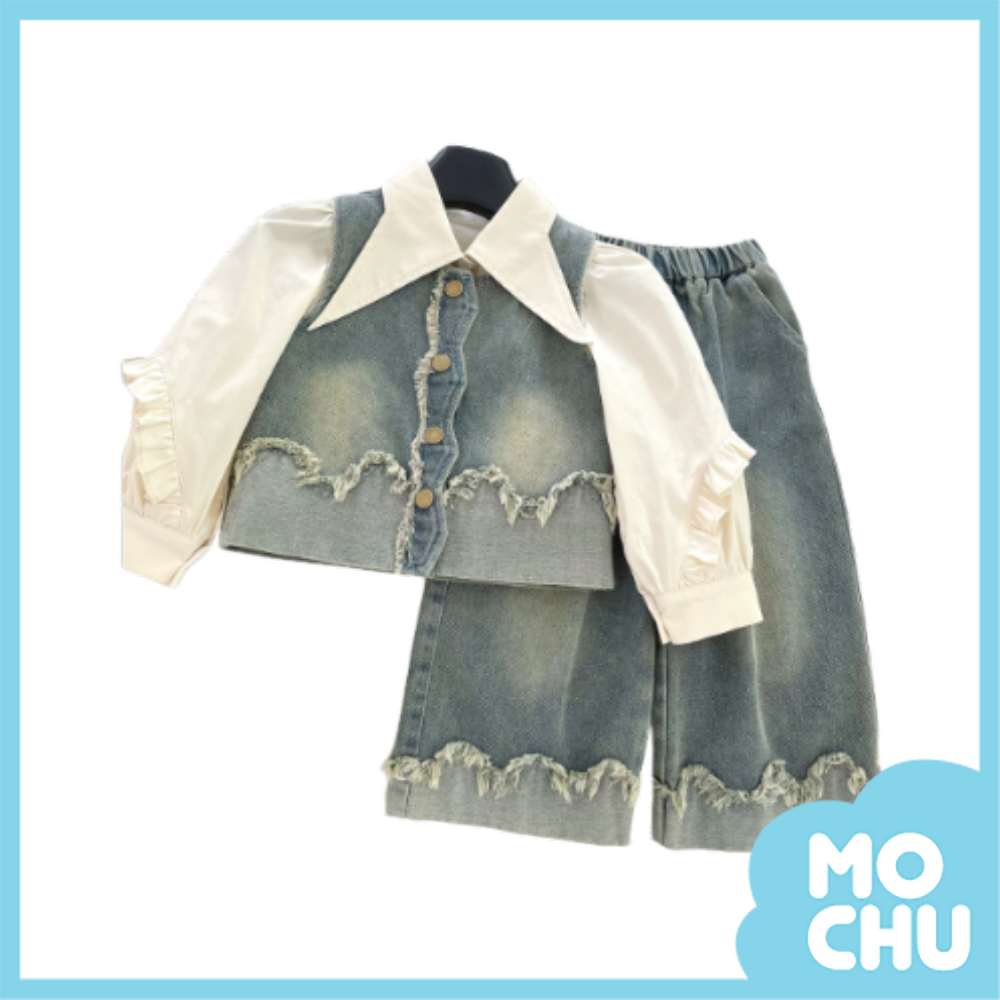 蝴蝶結抽鬚洗色牛仔套裝三件組