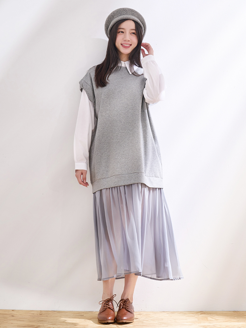 空氣棉下擺紗裙連袖洋裝門襟繡花襯衫組合