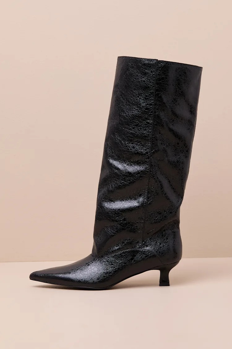 N.Y Chic美國黑色手工紋路皮革 寬筒低跟長靴